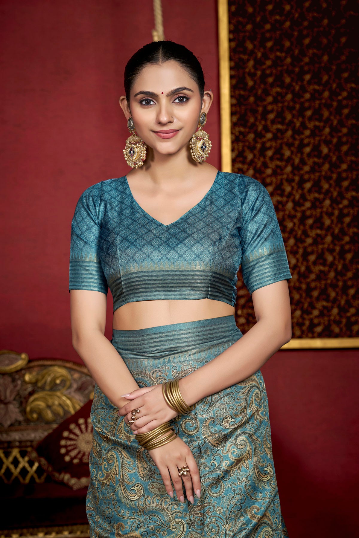 Veera - Blue Soft Silk Digital Printed Saree with Woven Border
