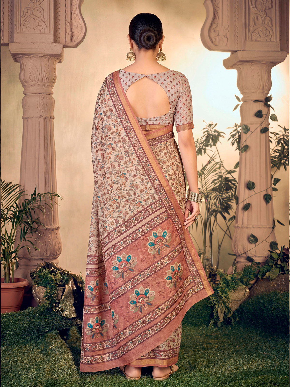 Amrapali - Off White Chanderi Cotton Digital Printed Saree with Zari Border