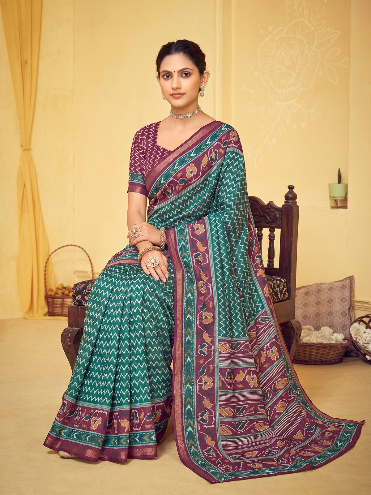 Amrapali - Teal Chanderi Cotton Digital Printed Saree with Zari Border