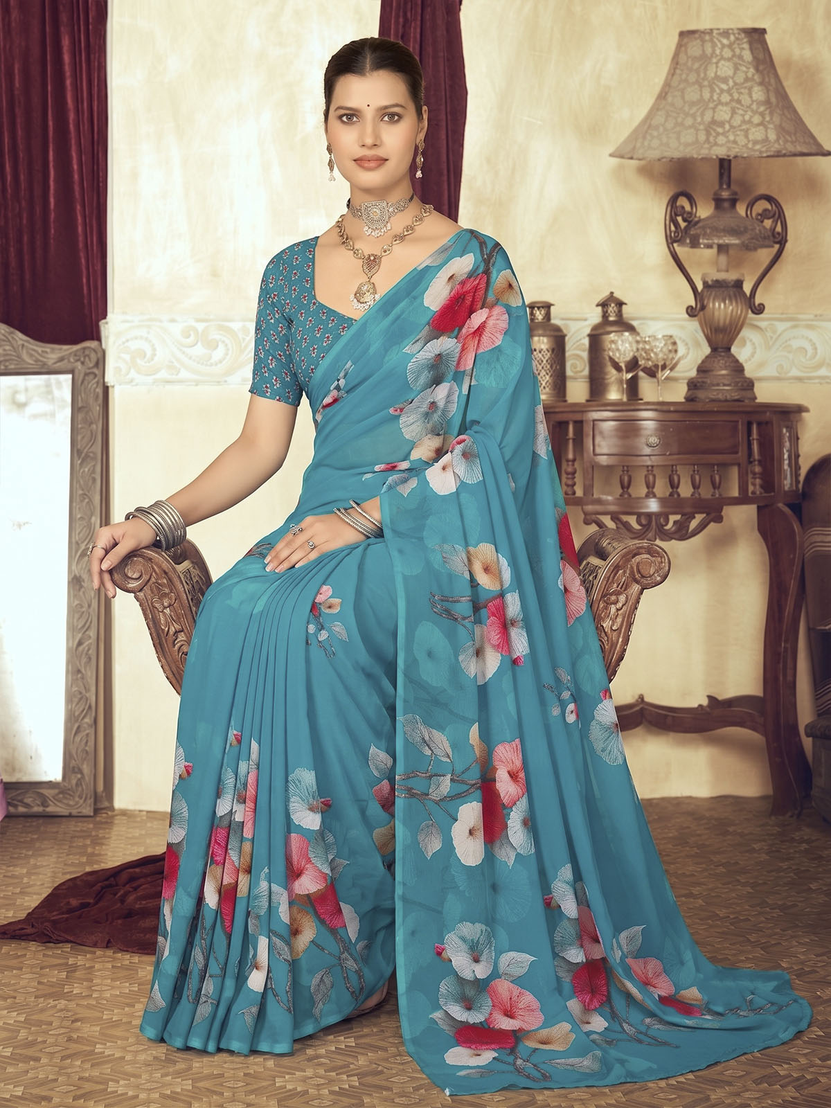 Riddhi - Firozi Georgette Floral Digital Printed Saree