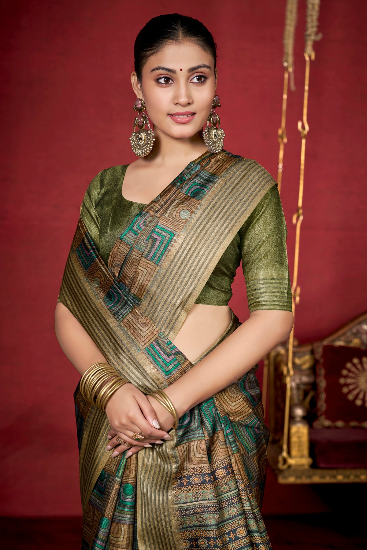 Veera - Green Soft Silk Digital Printed Saree with Woven Border