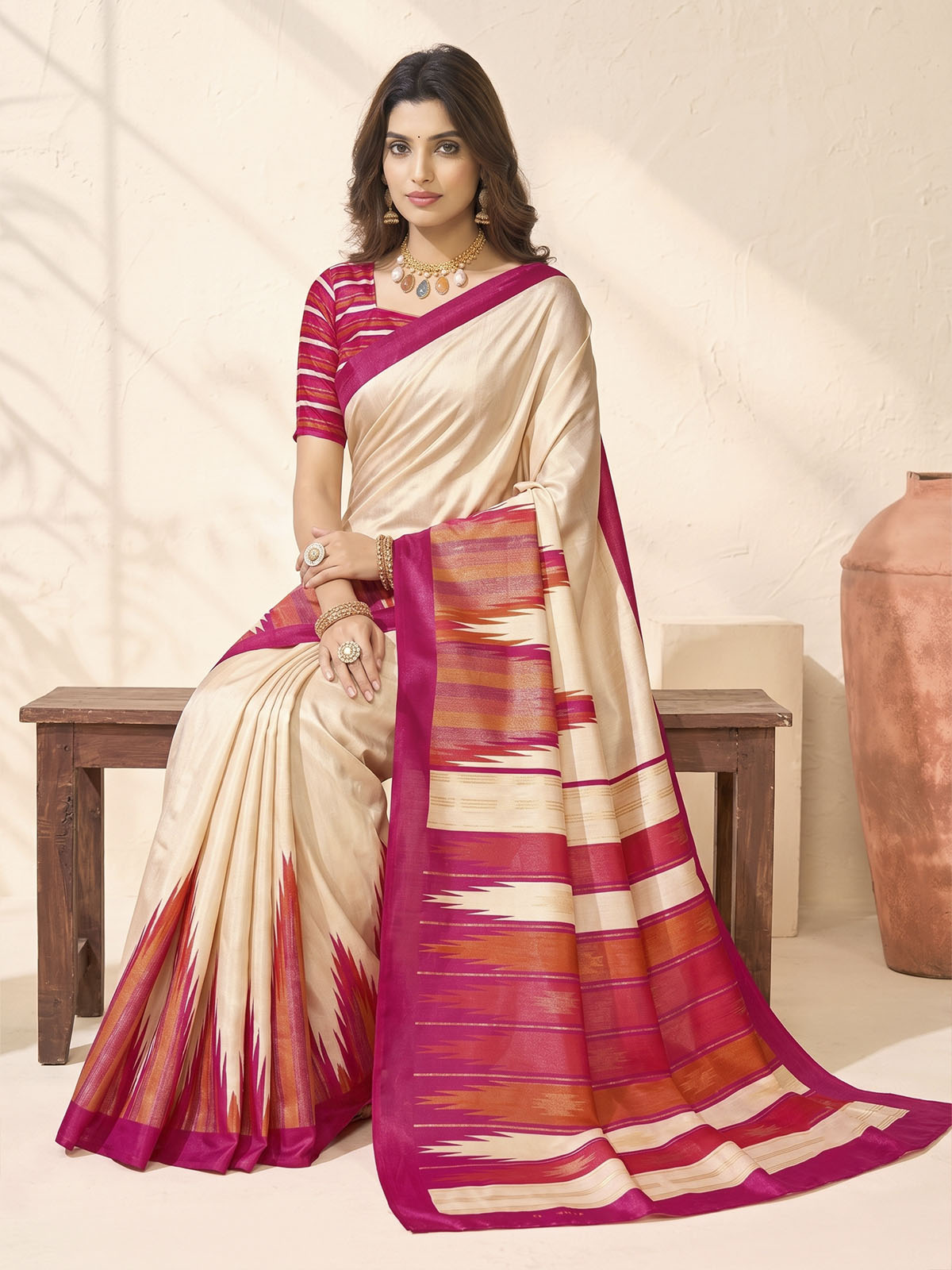 Sentosa - Cream Patola Silk Printed Saree with Figure Print