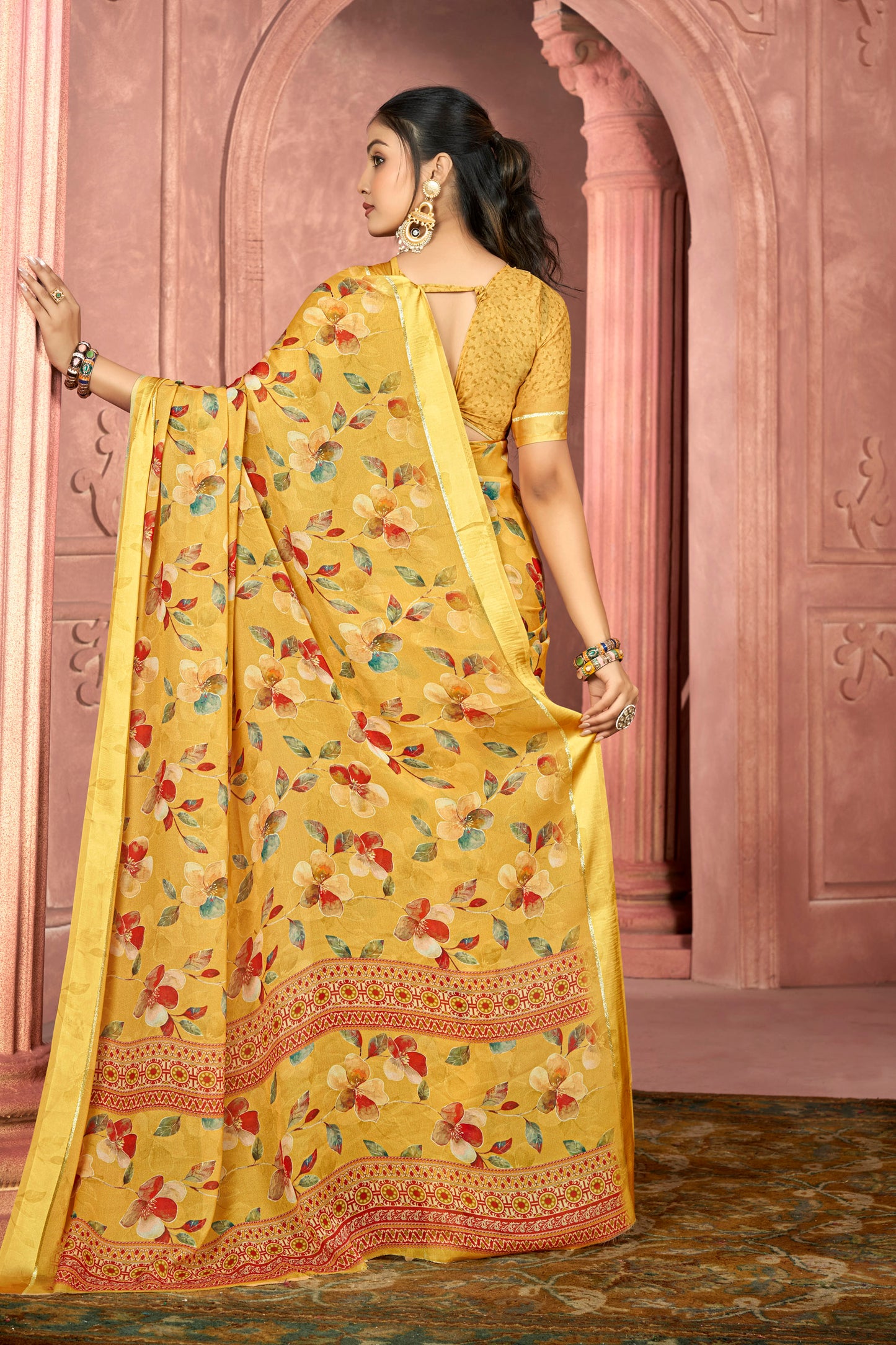 Samriddhi – Yellow Moss Georgette Digital Print Saree with Satin Patta Border
