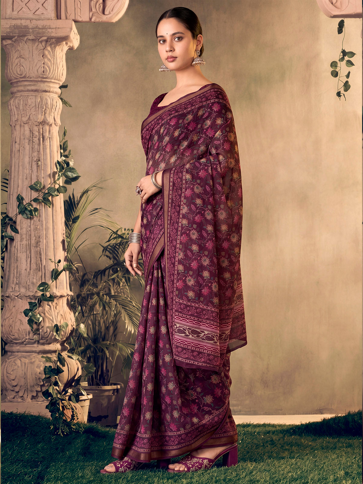Amrapali - Purple Chanderi Cotton Digital Printed Saree with Zari Border