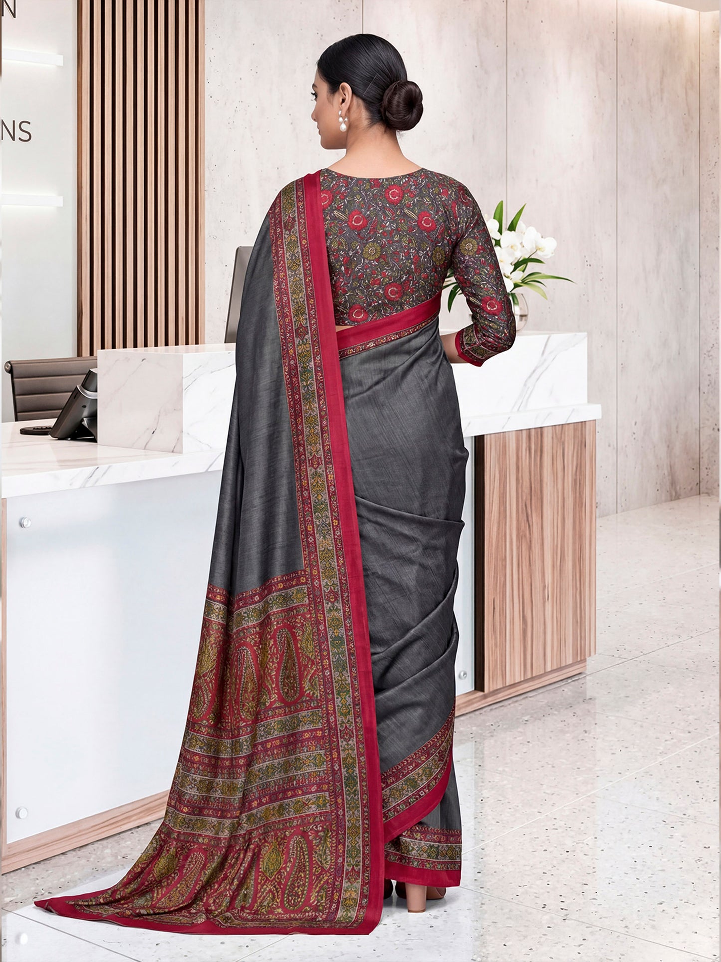 Chitrika - Grey Printed Crepe Silk Saree