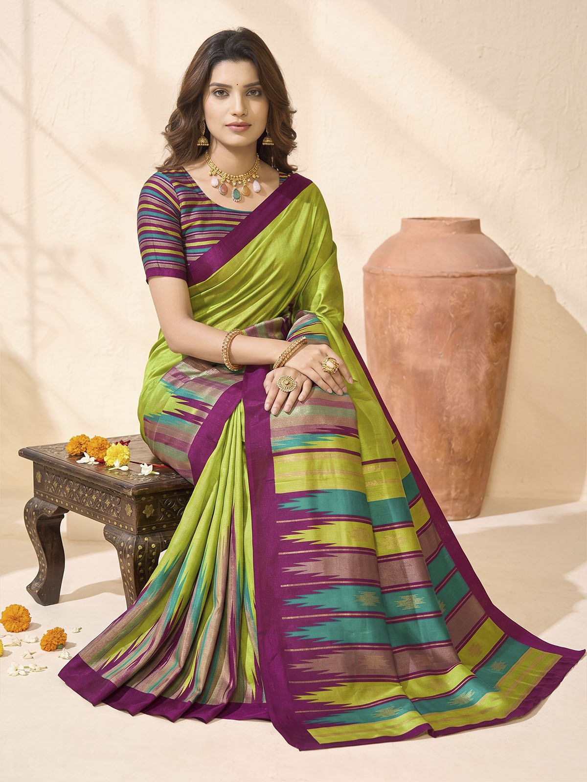 Sentosa - Parrot Green Patola Silk Printed Saree with Figure Print