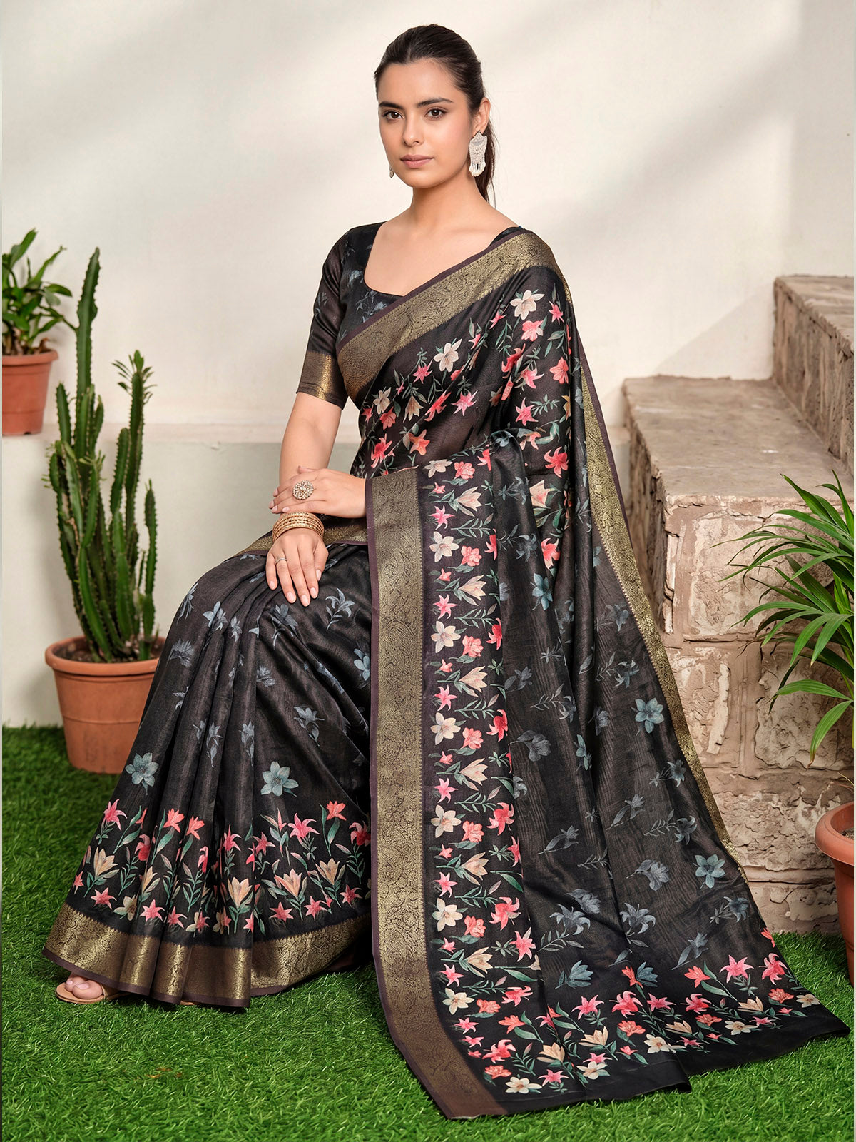 Varnika - Black Digital Printed Moss Georgette Saree with Woven Border