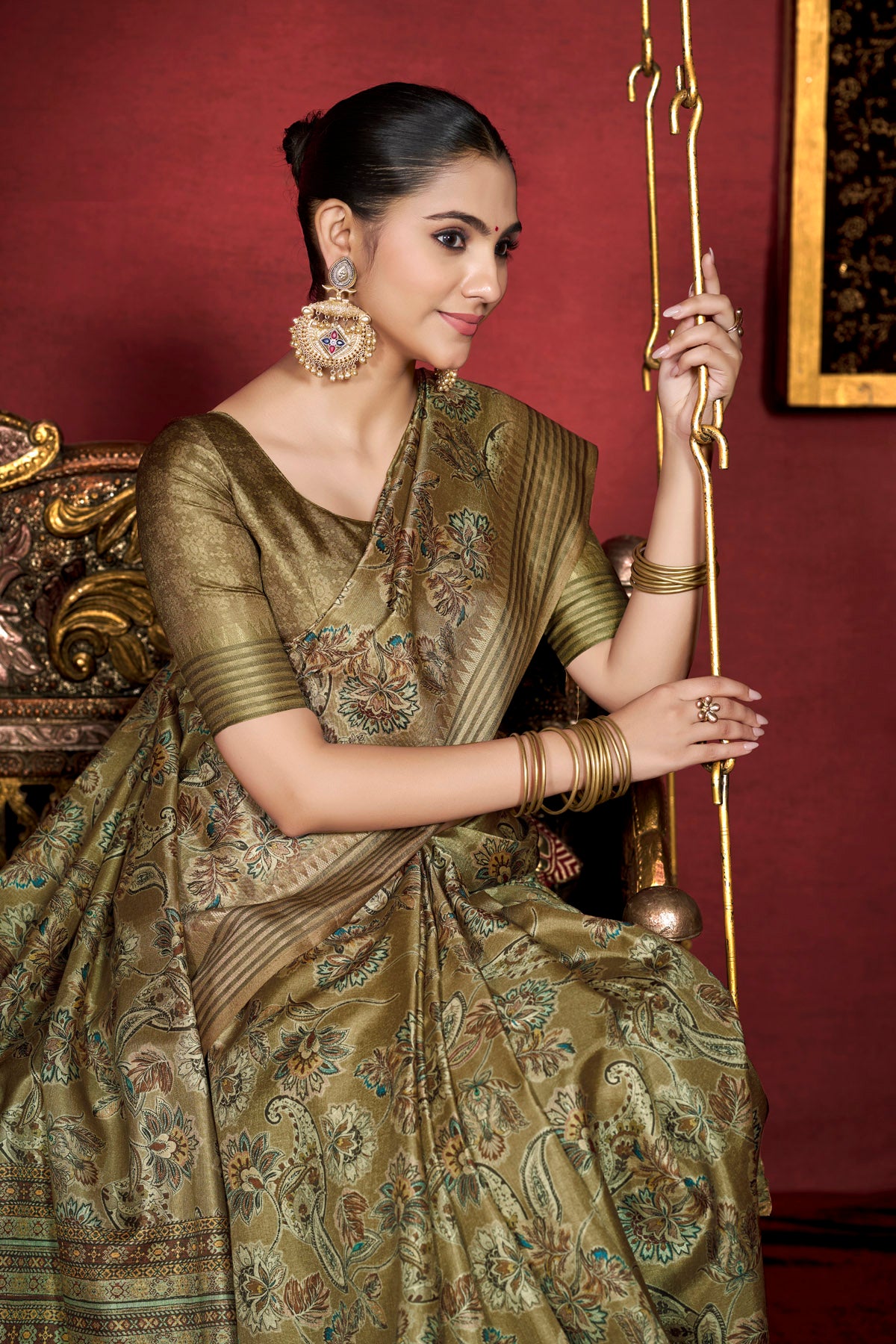 Veera - Olive Green Soft Silk Digital Printed Saree with Woven Border