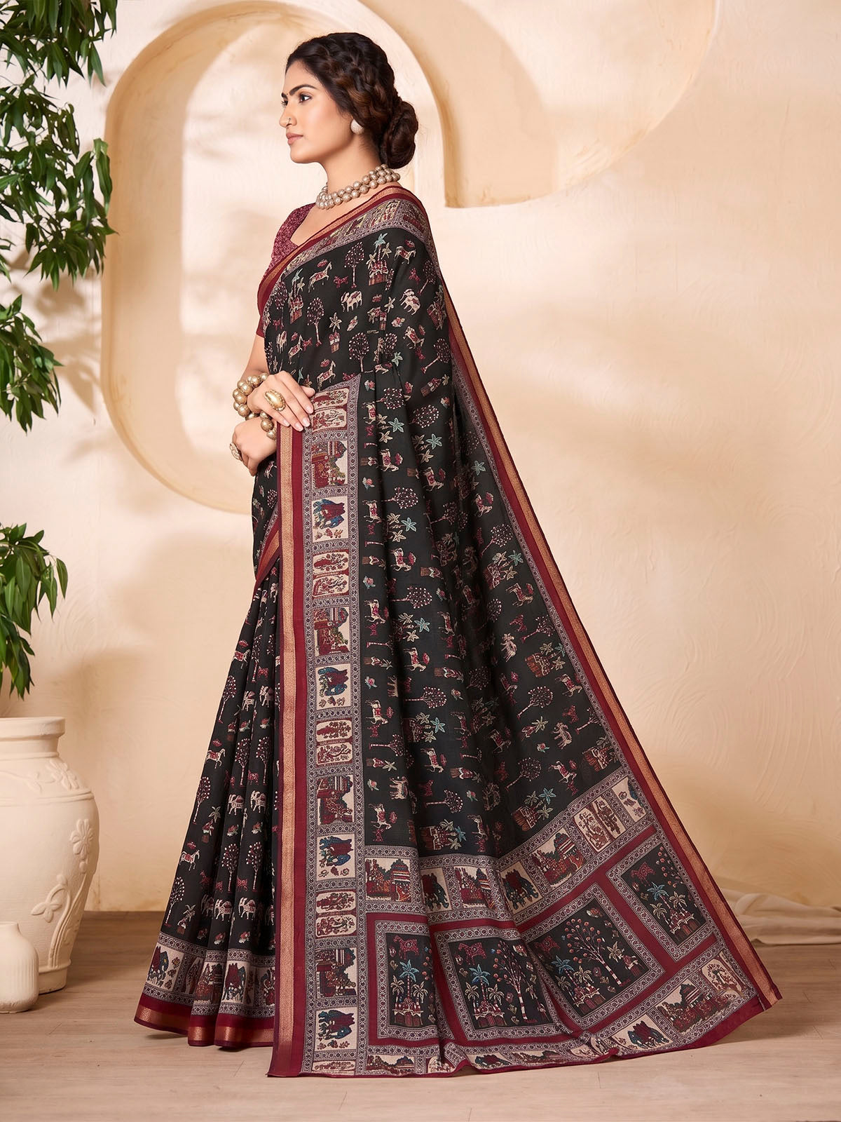 Monalisa - Black Chanderi Cotton Printed Saree with Classic Folk Art Print
