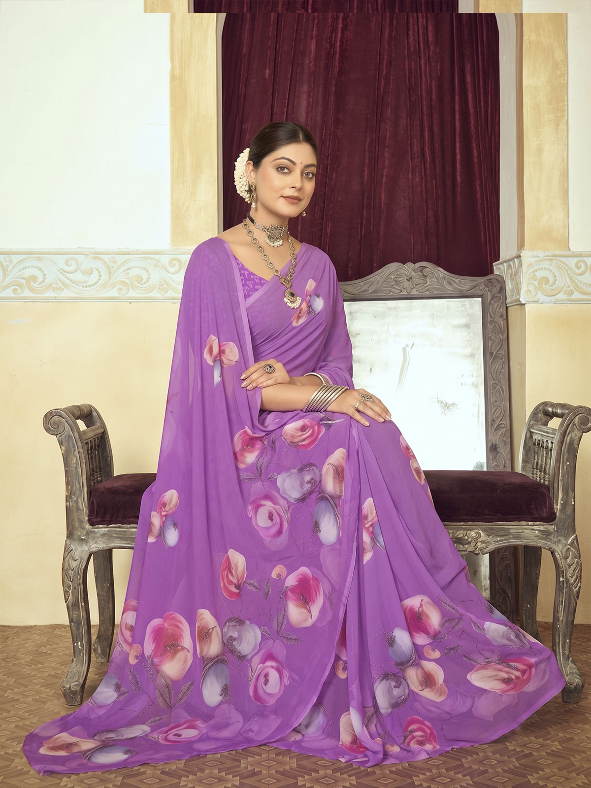 Riddhi - Purple Georgette Floral Digital Printed Saree