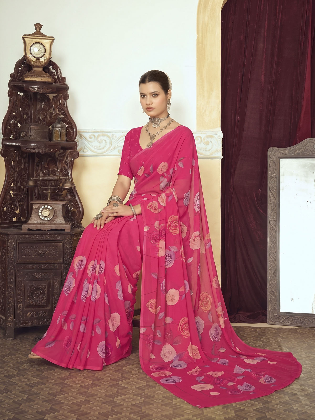 Riddhi - Pink Georgette Floral Digital Printed Saree