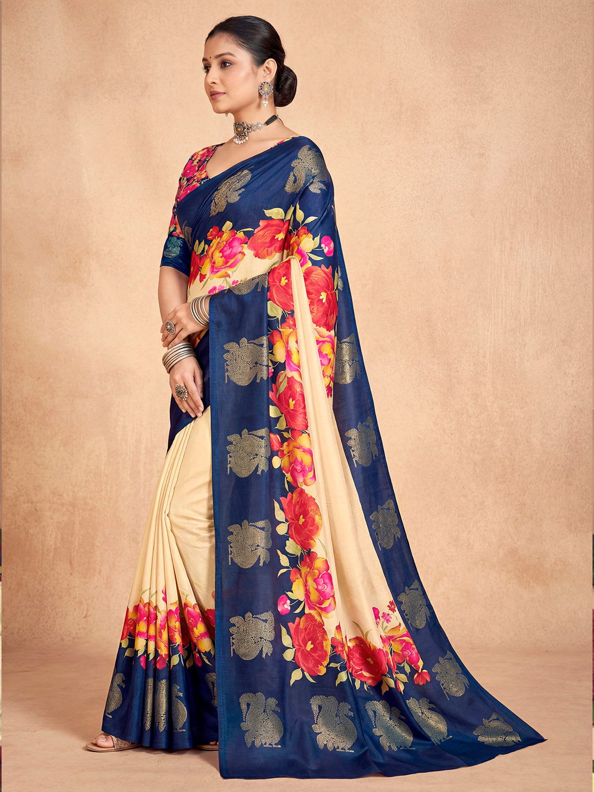 Rajkumari - Cream Printed Soft Silk Saree with Silk Foil Work