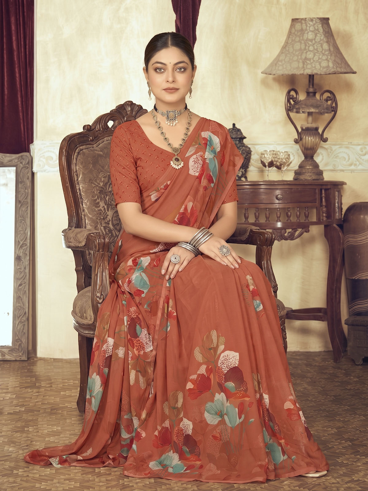 Riddhi - Bronze Georgette Floral Digital Printed Saree