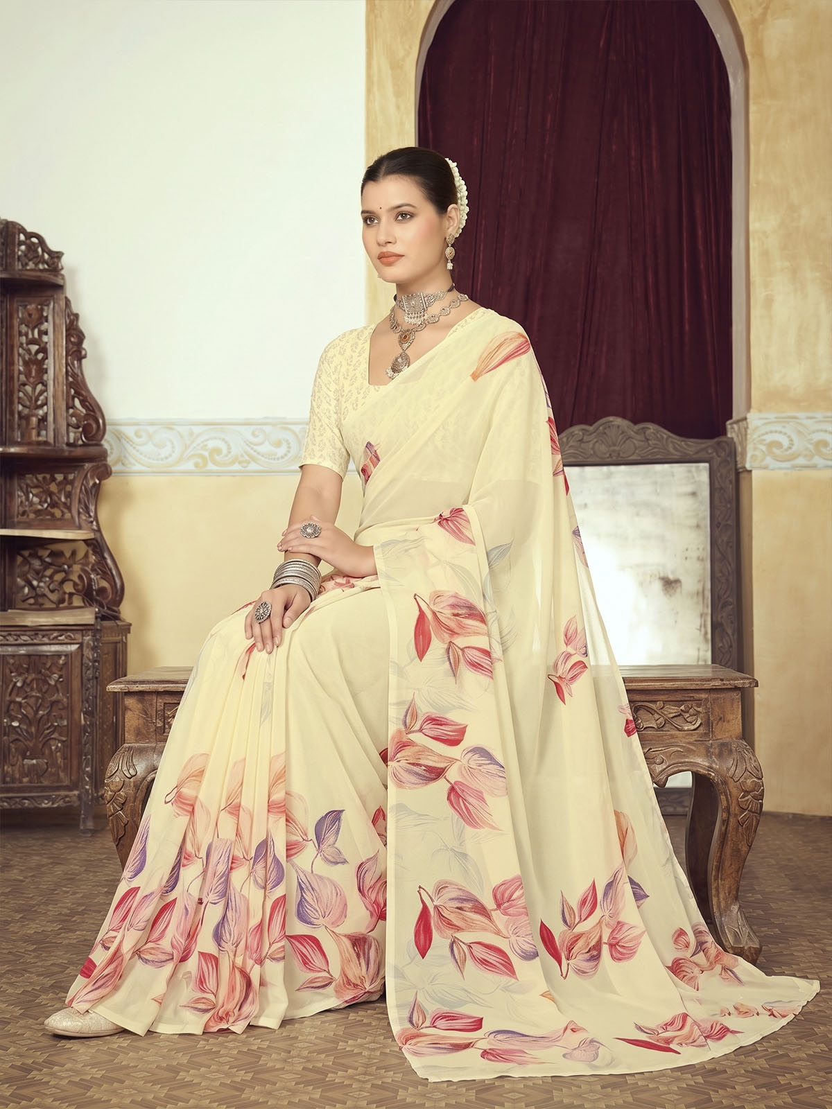 Riddhi - Cream Georgette Floral Digital Printed Saree
