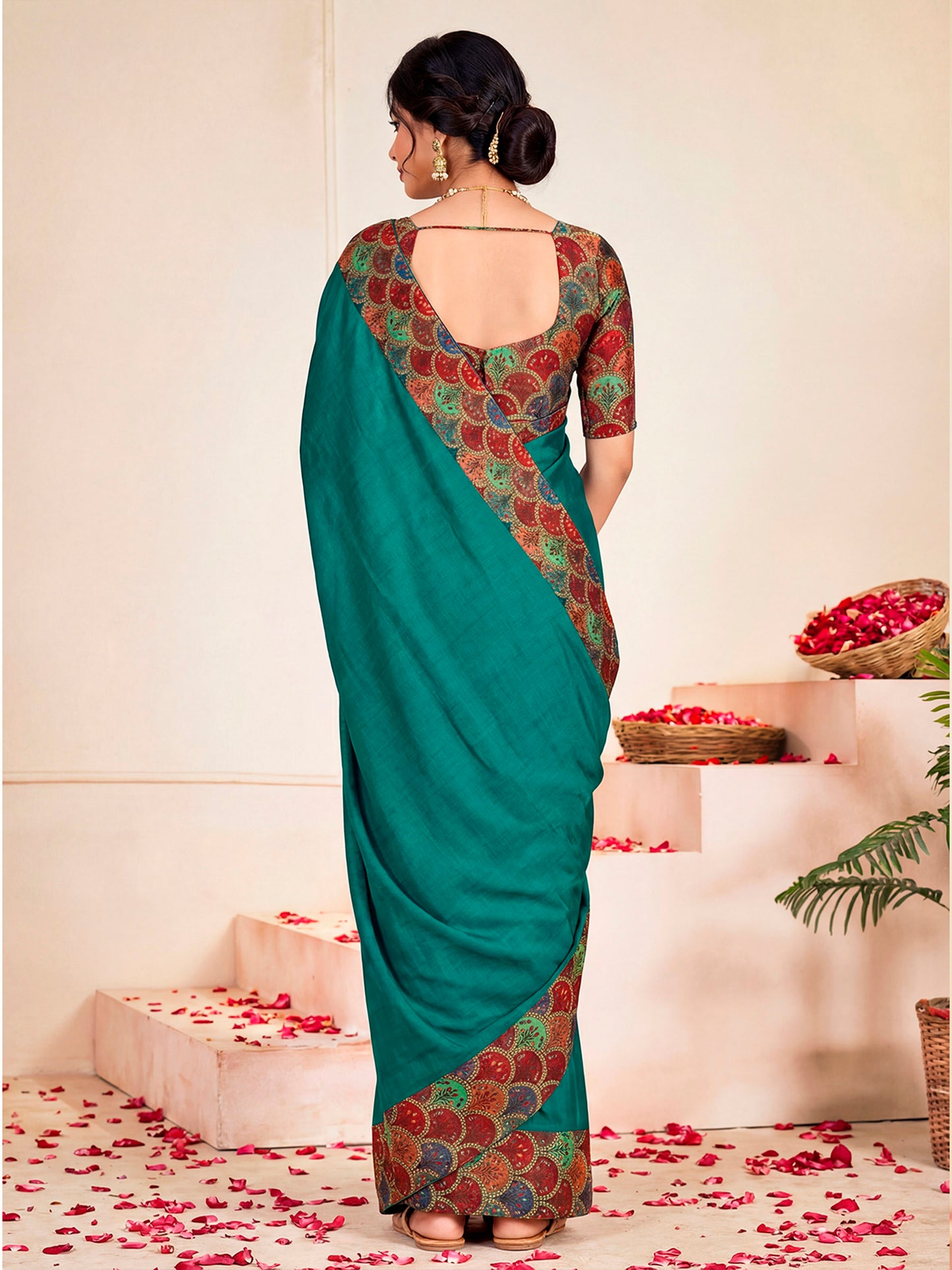 Ekvarna - Teal Printed Chiffon Saree