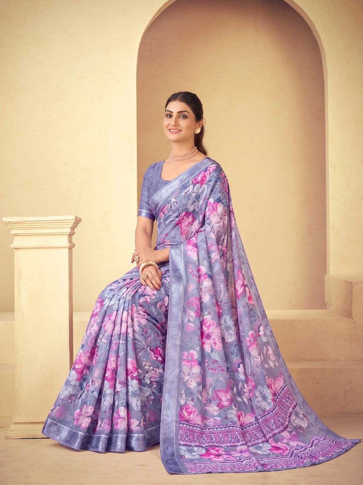 Samriddhi - Mauve Moss Georgette Digital Print Saree with Satin Patta Border