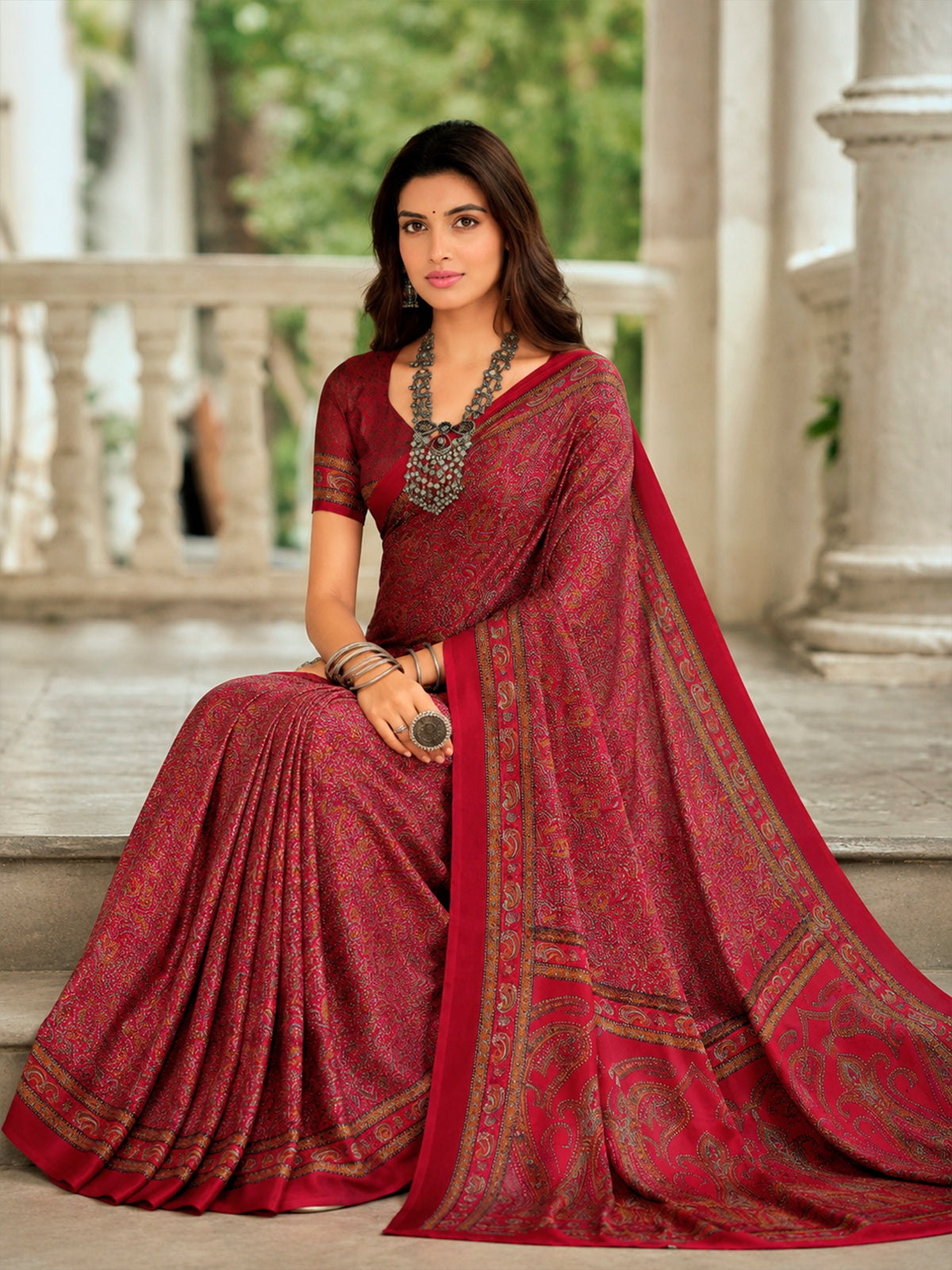 Rajkala - Red Printed Crepe Silk Saree