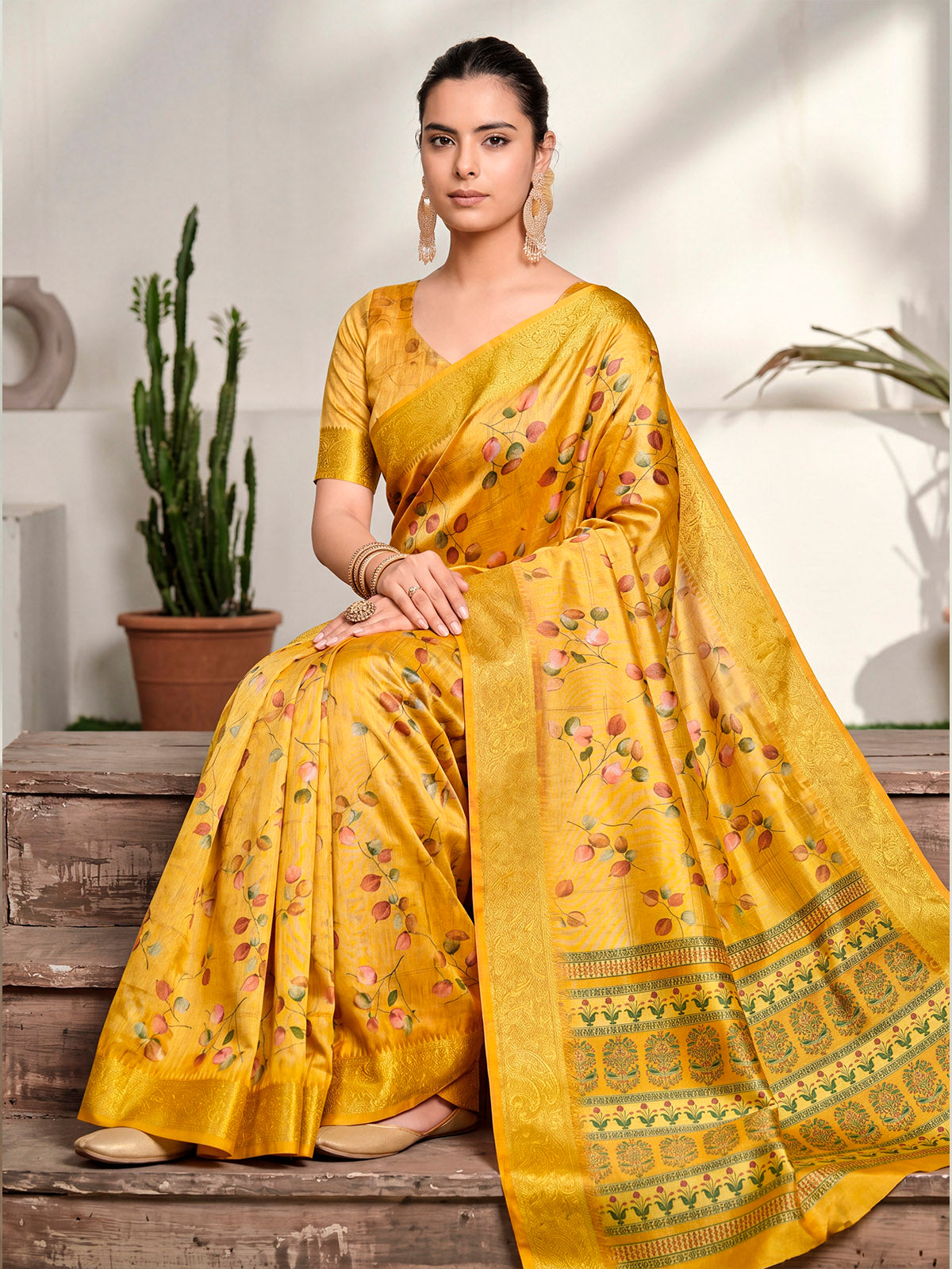 Varnika - Yellow Digital Printed Moss Georgette Saree with Woven Border