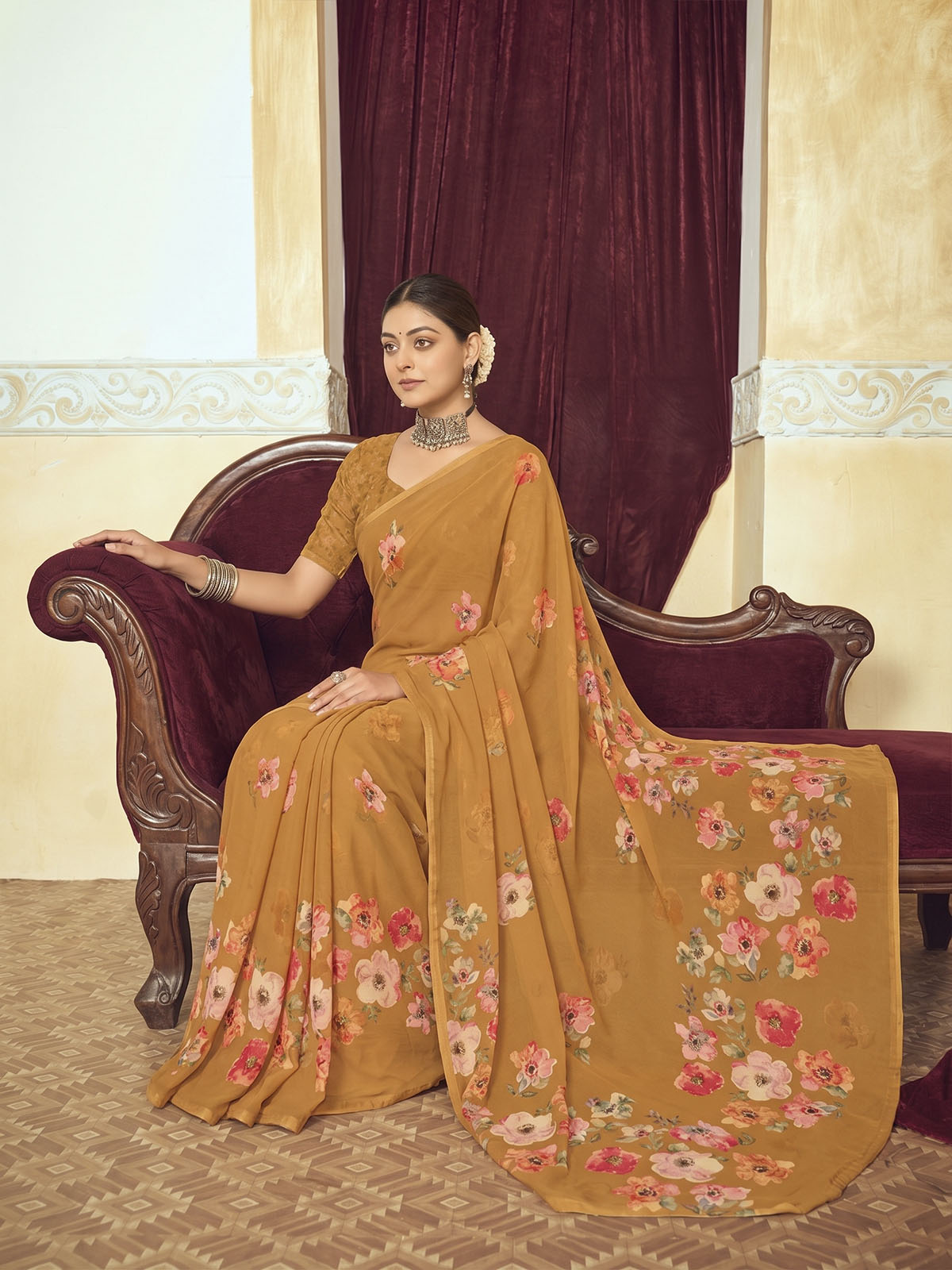Riddhi - Orange Georgette Floral Digital Printed Saree
