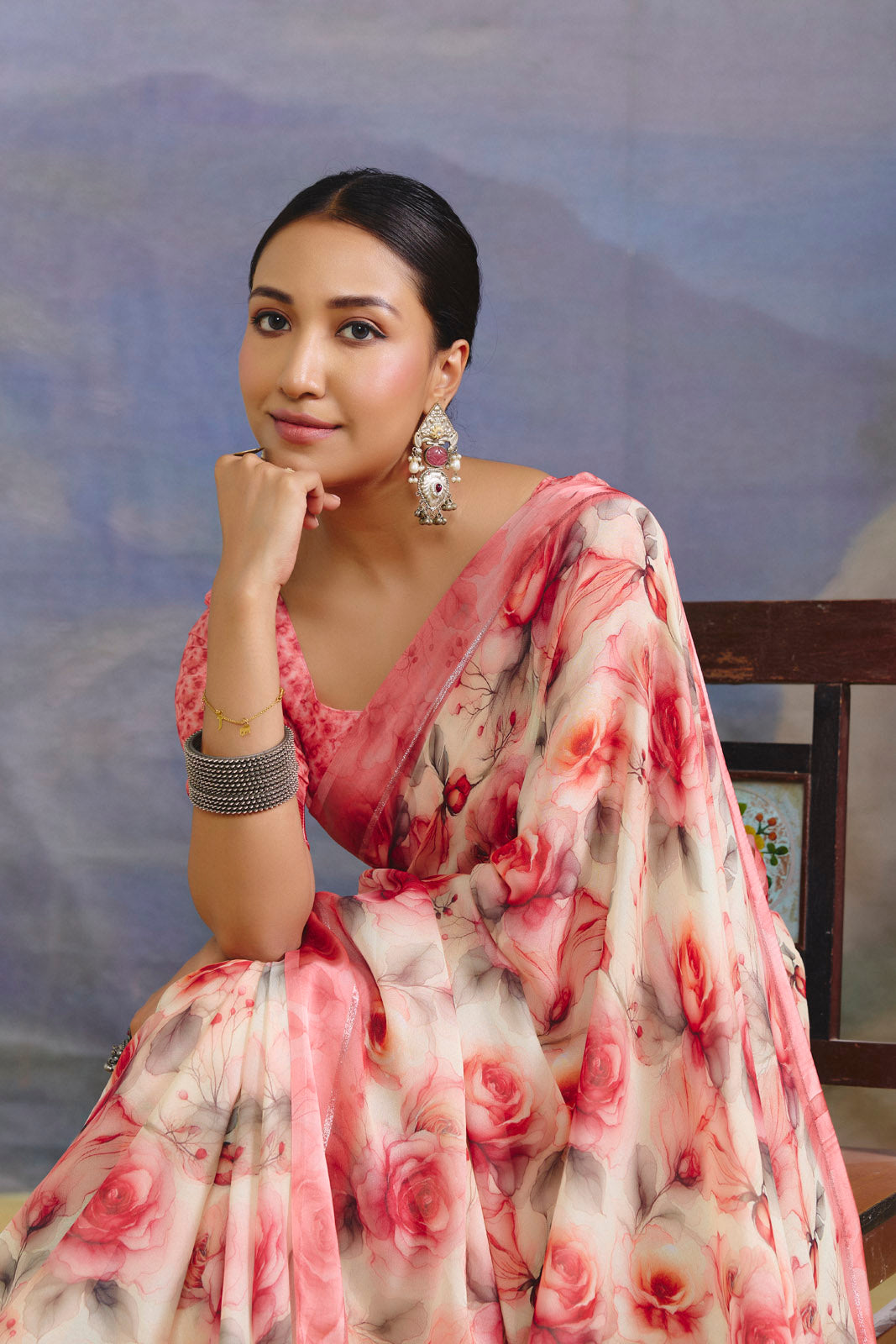 Samriddhi - Pink Moss Georgette Digital Print Saree with Satin Patta Border