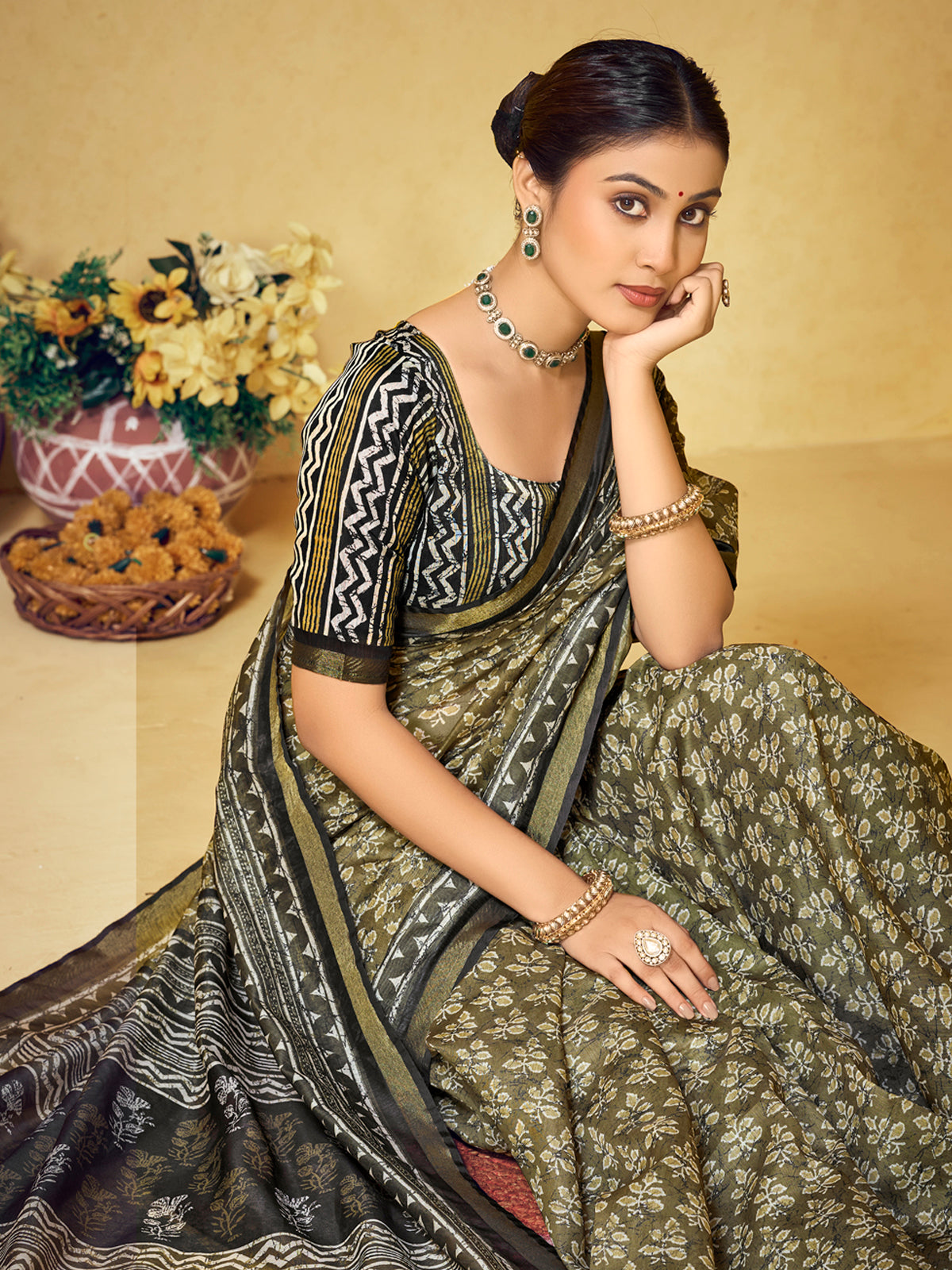 Amrapali - Mehandi Green Chanderi Cotton Digital Printed Saree with Zari Border