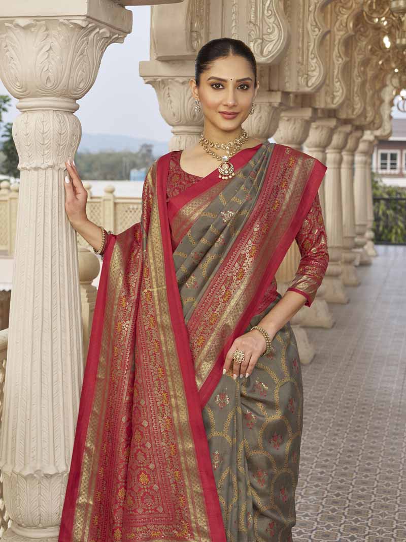 Gulmarg - Olive Green Silk Digital Printed Saree with Zari Border