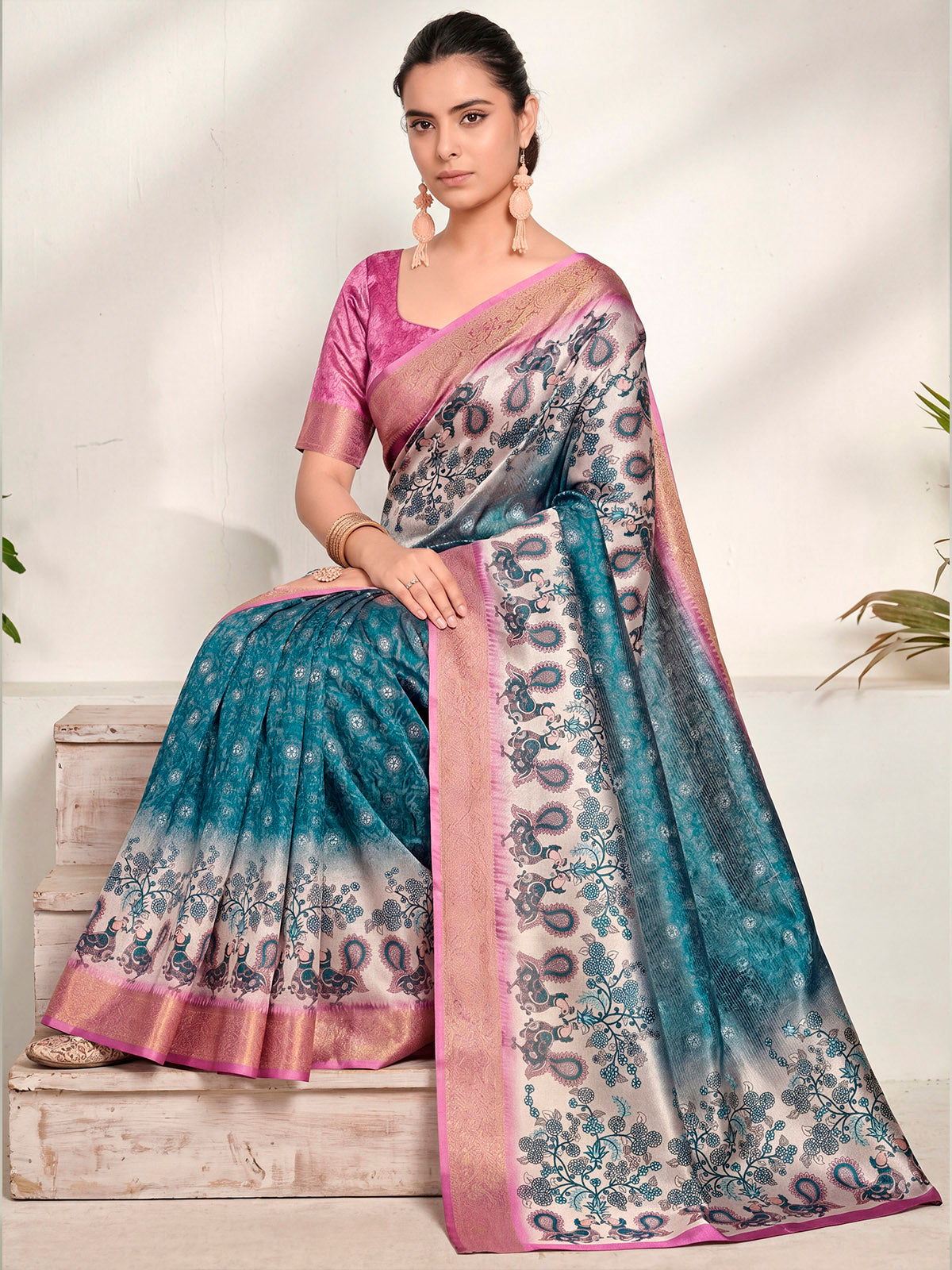 Varnika - Steel Blue Digital Printed Moss Georgette Saree with Woven Border