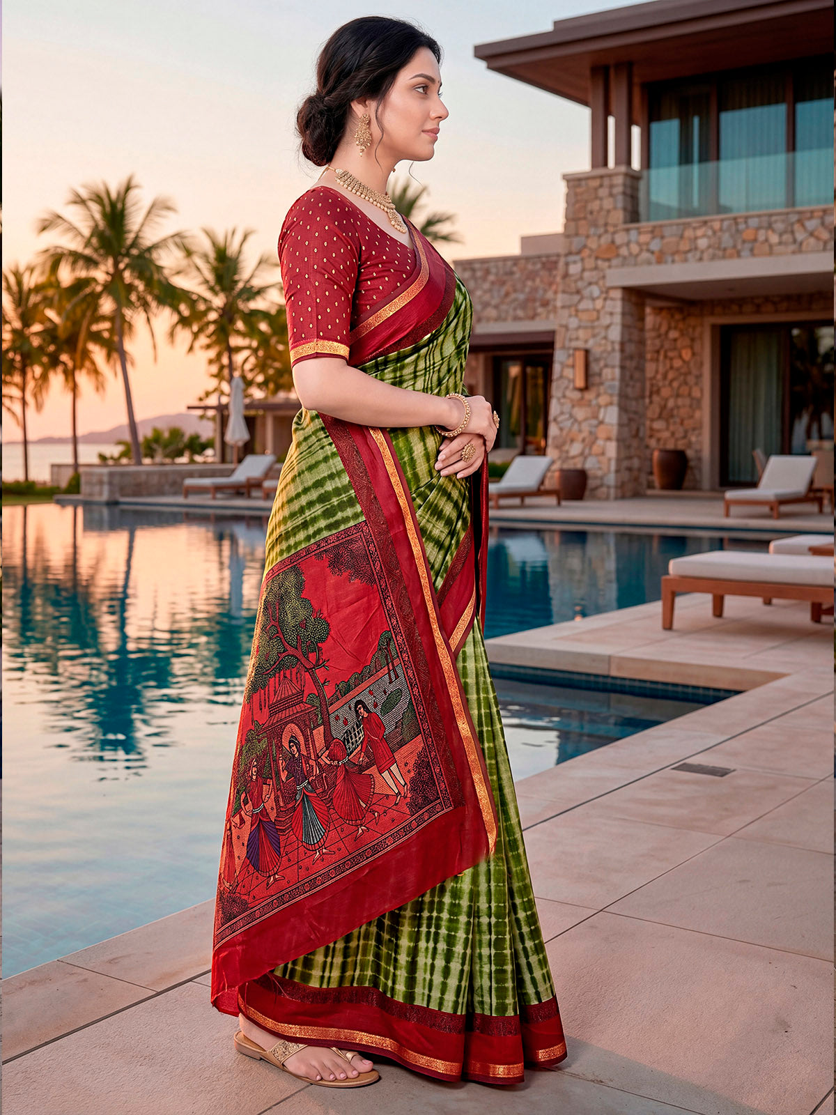 Monalisa - Green Printed Liva Cotton Silk Saree