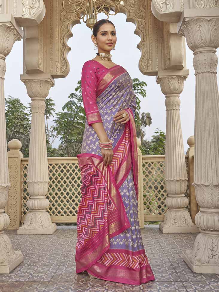 Gulmarg - Lavender Silk Digital Printed Saree with Zari Border