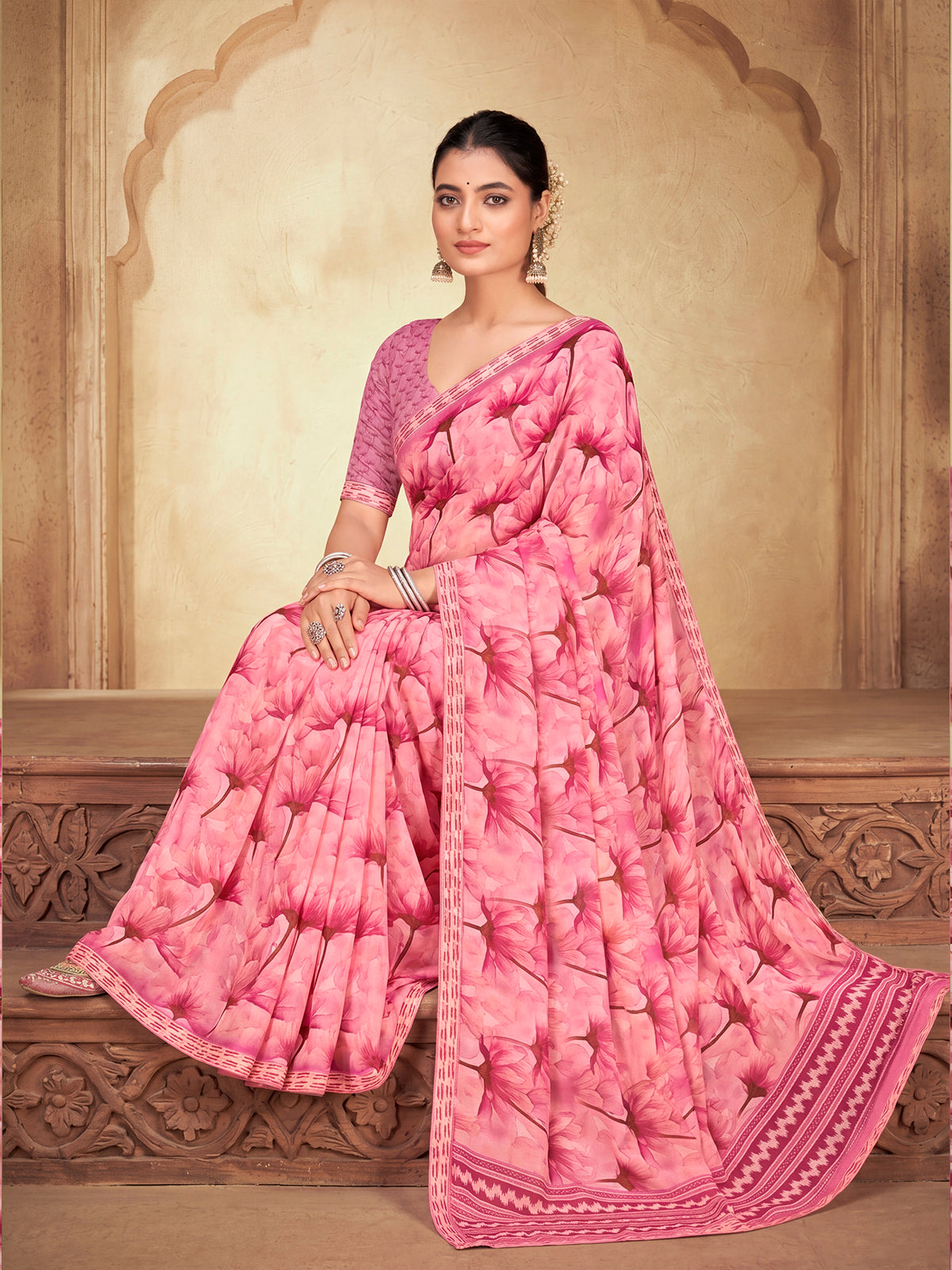 Sumedha - Pink Digital Printed Georgette Saree