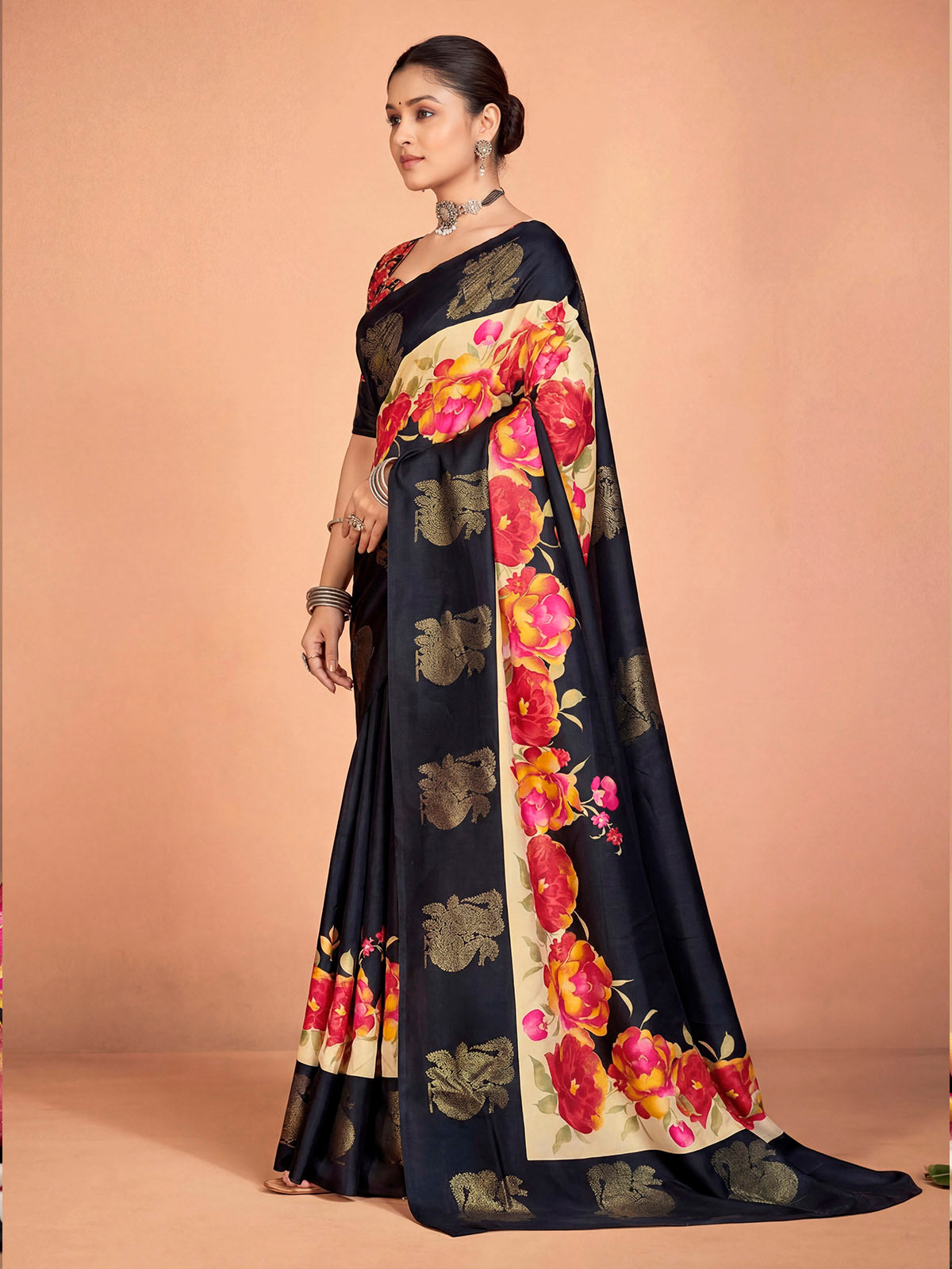 Rajkumari - Black Printed Soft Silk Saree with Silk Foil Work
