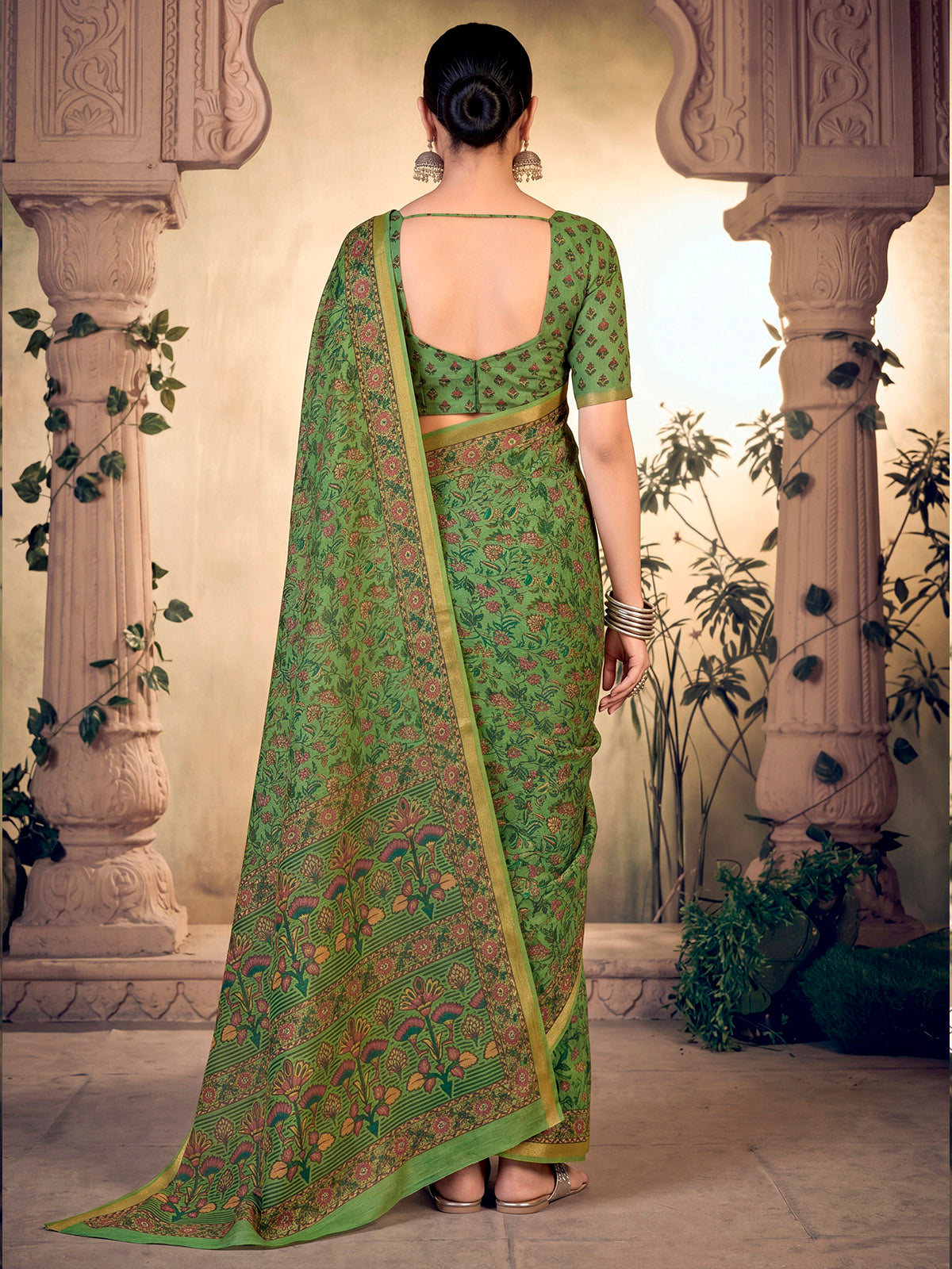 Amrapali - Green Chanderi Cotton Digital Printed Saree with Zari Border