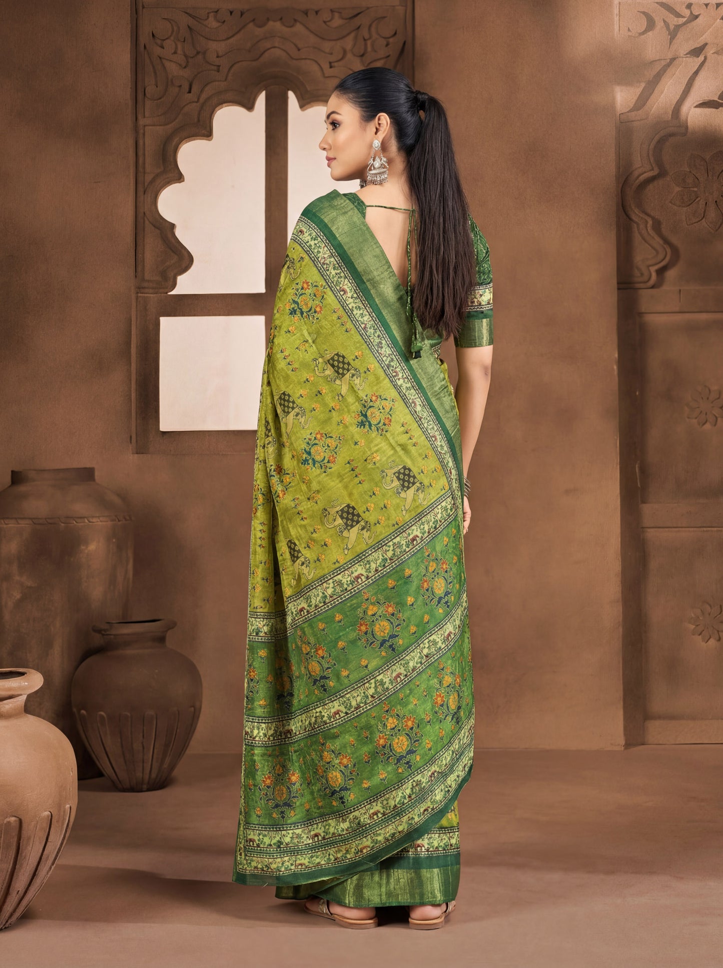 Devsena – Lime Green Silk Digital Print Saree
