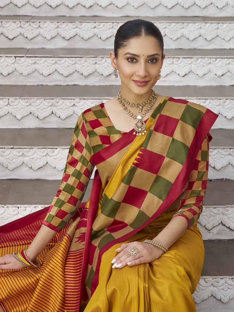 Gulmarg - Mustard Yellow Silk Digital Printed Saree with Zari Border