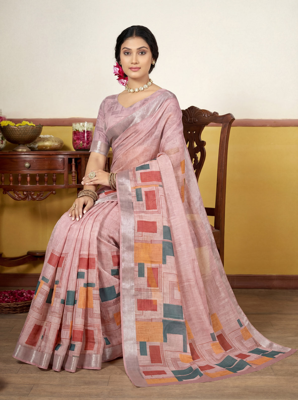 Rachna - Green Linen Digital Print Saree with Woven Border