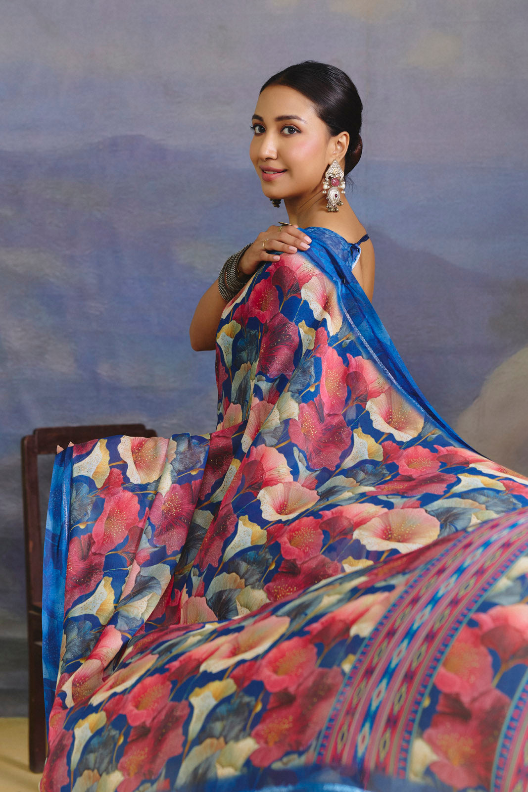 Samriddhi - Blue Moss Georgette Digital Print Saree with Satin Patta Border