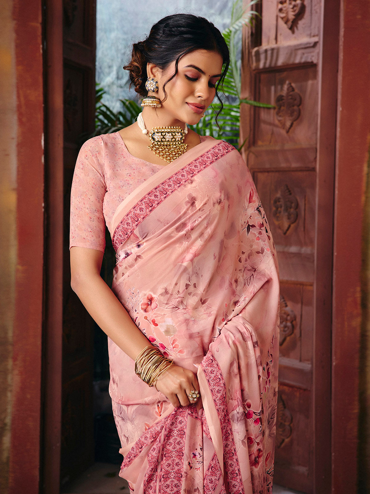 Riddhi - Coral Georgette Floral Digital Printed Saree