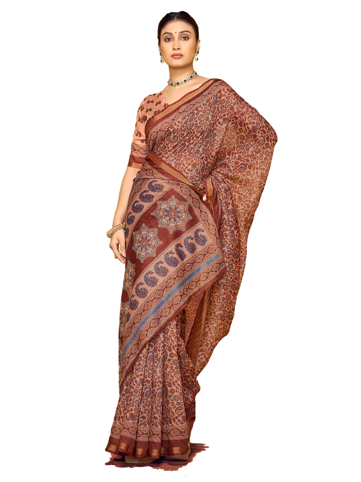 Amrapali - Peach Chanderi Cotton Digital Printed Saree with Zari Border