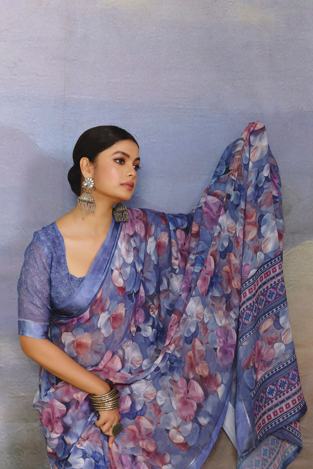 Samriddhi - Slate Blue Moss Georgette Digital Print Saree with Satin Patta Border