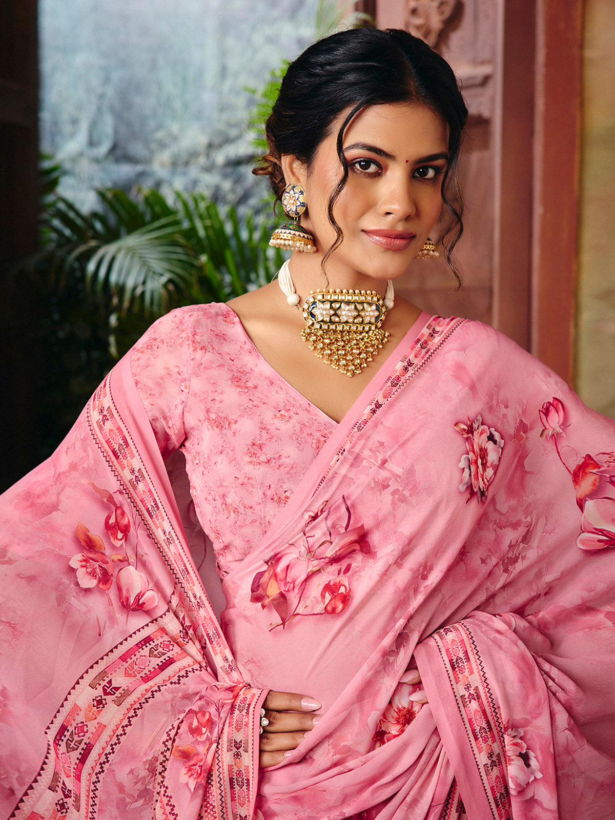 Riddhi - Pink Georgette Floral Digital Printed Saree
