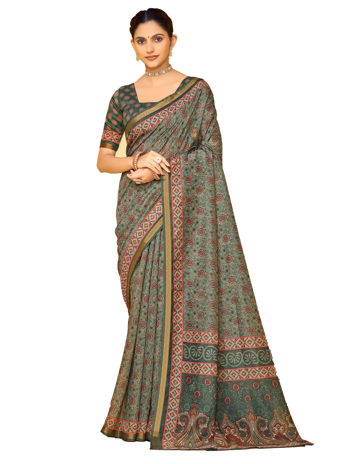Amrapali - Green Chanderi Cotton Digital Printed Saree with Zari Border
