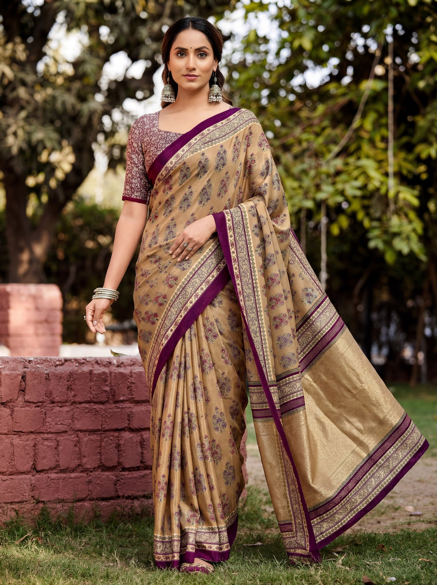 Rajkala - Beige Printed Crepe Silk Saree