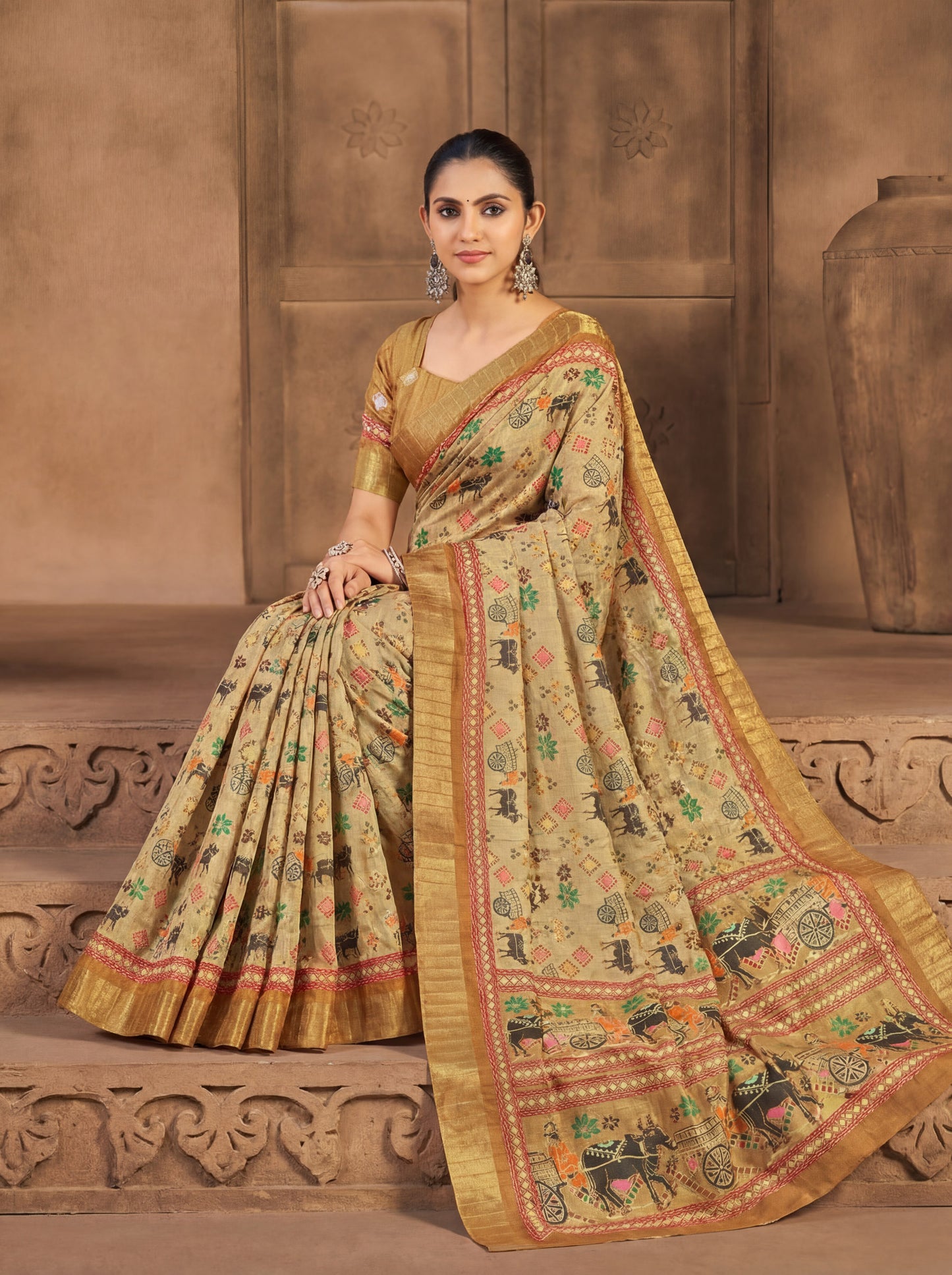Devsena – Beige Silk Digital Print Saree