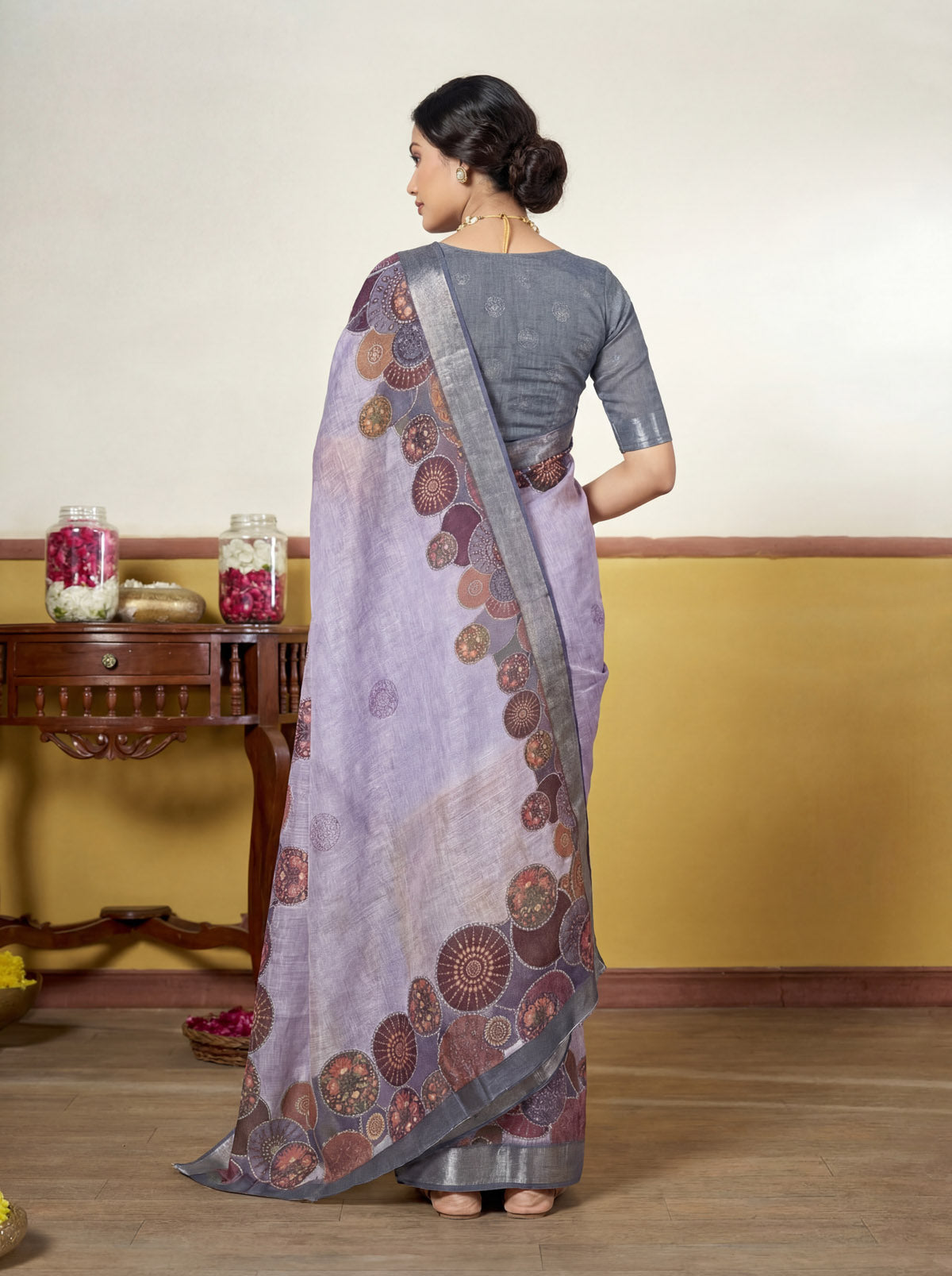 Rachna - Violet Linen Digital Print Saree with Woven Border