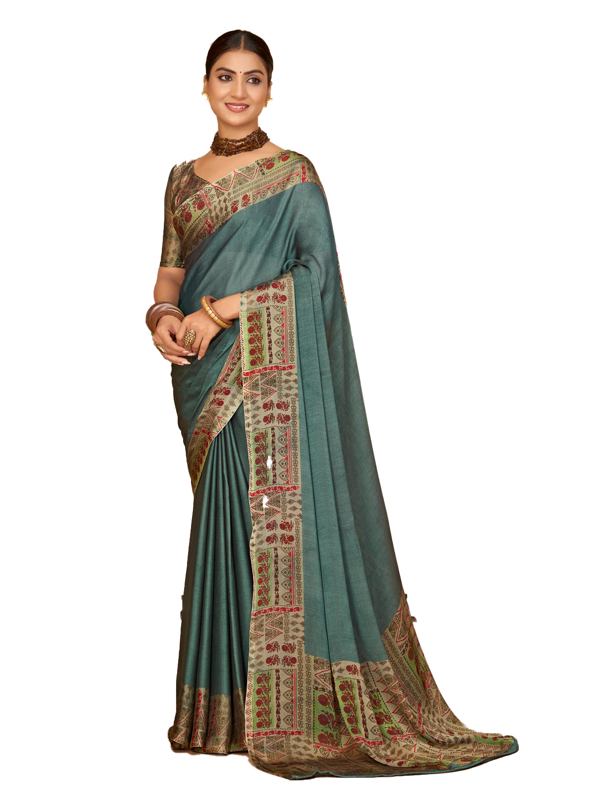Ekvarna - Sea Green Printed Chiffon Saree