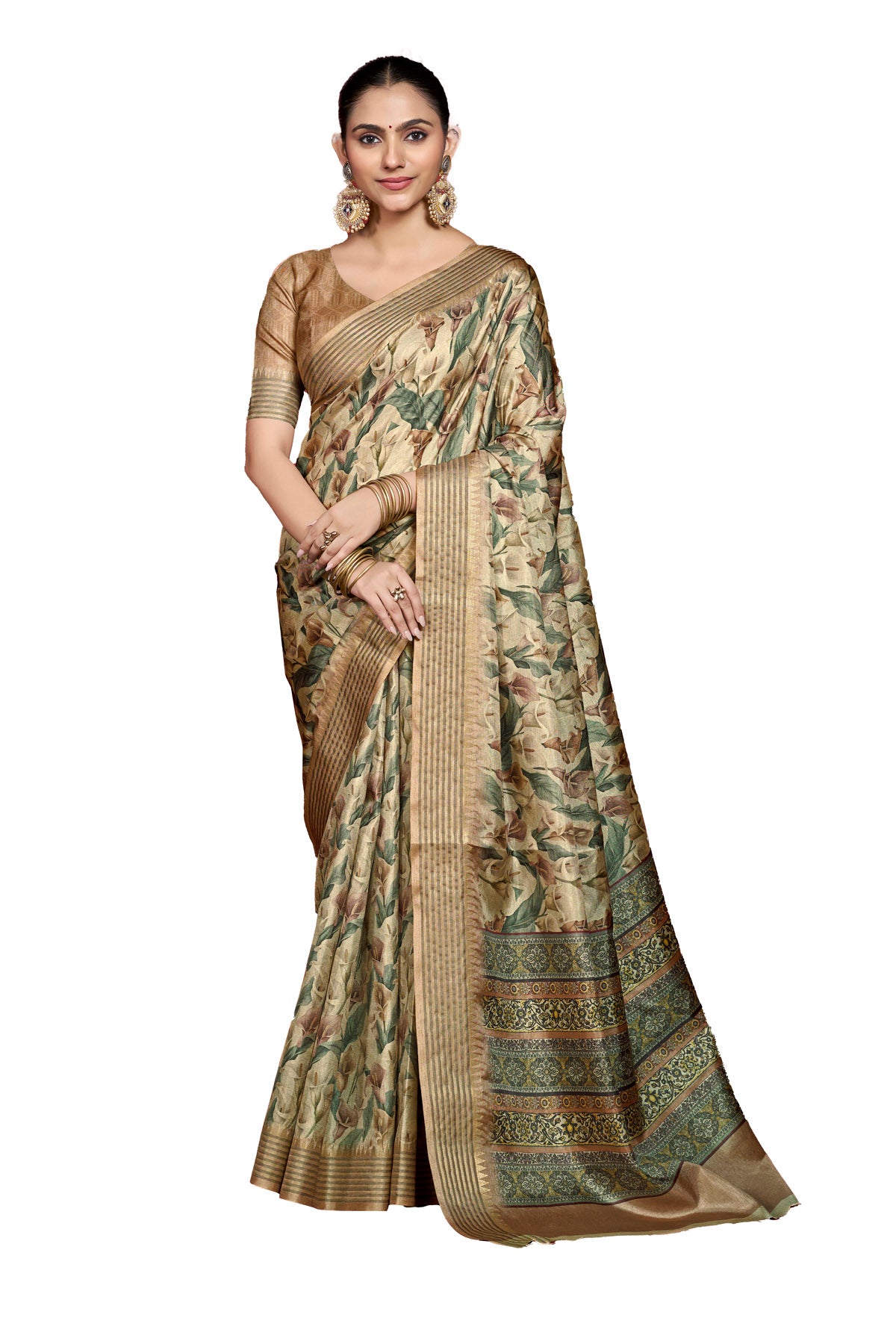 Veera - Mehandi Green Soft Silk Digital Printed Saree with Woven Border
