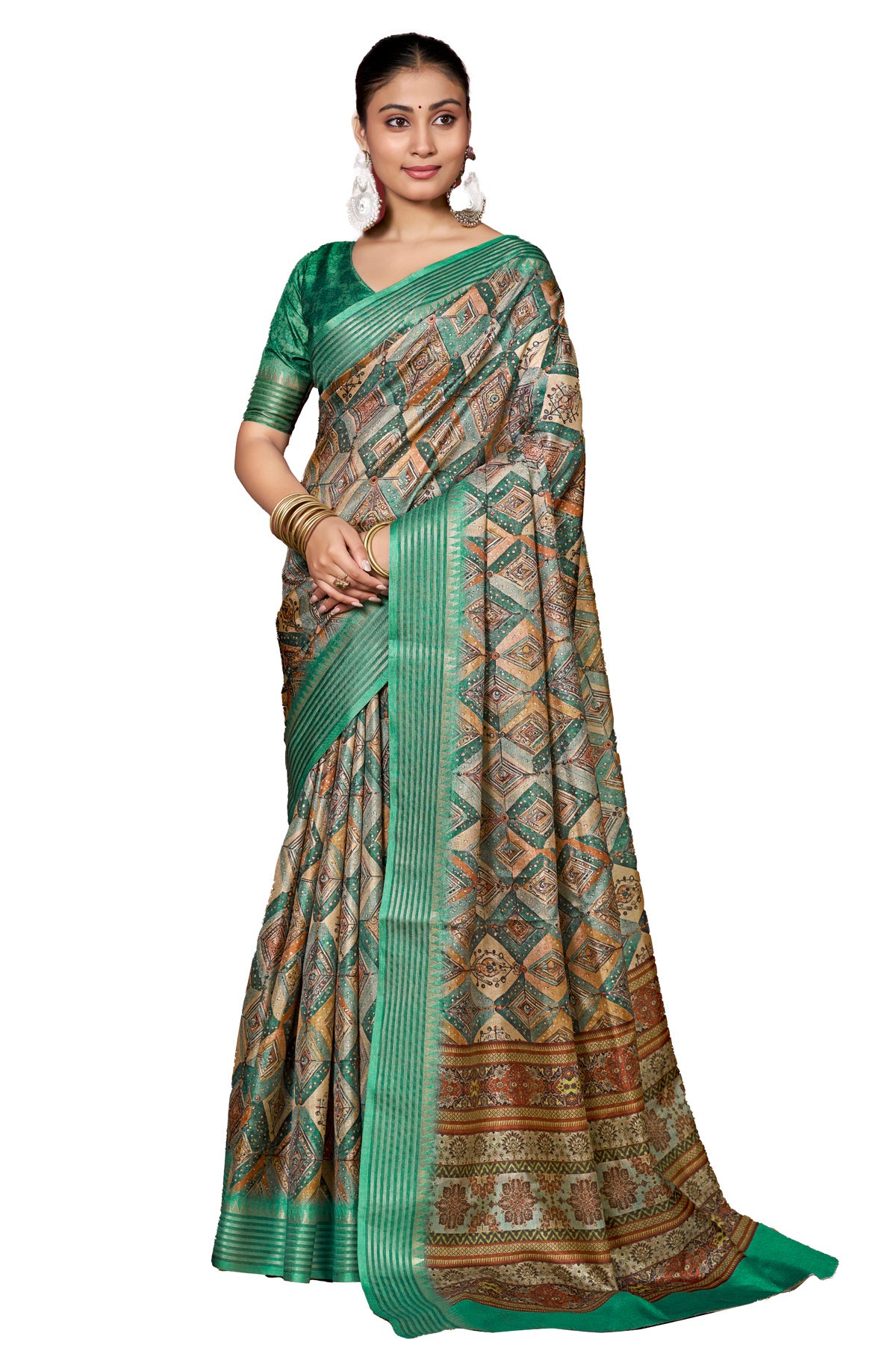 Veera - Sea Green Soft Silk Digital Printed Saree with Woven Border