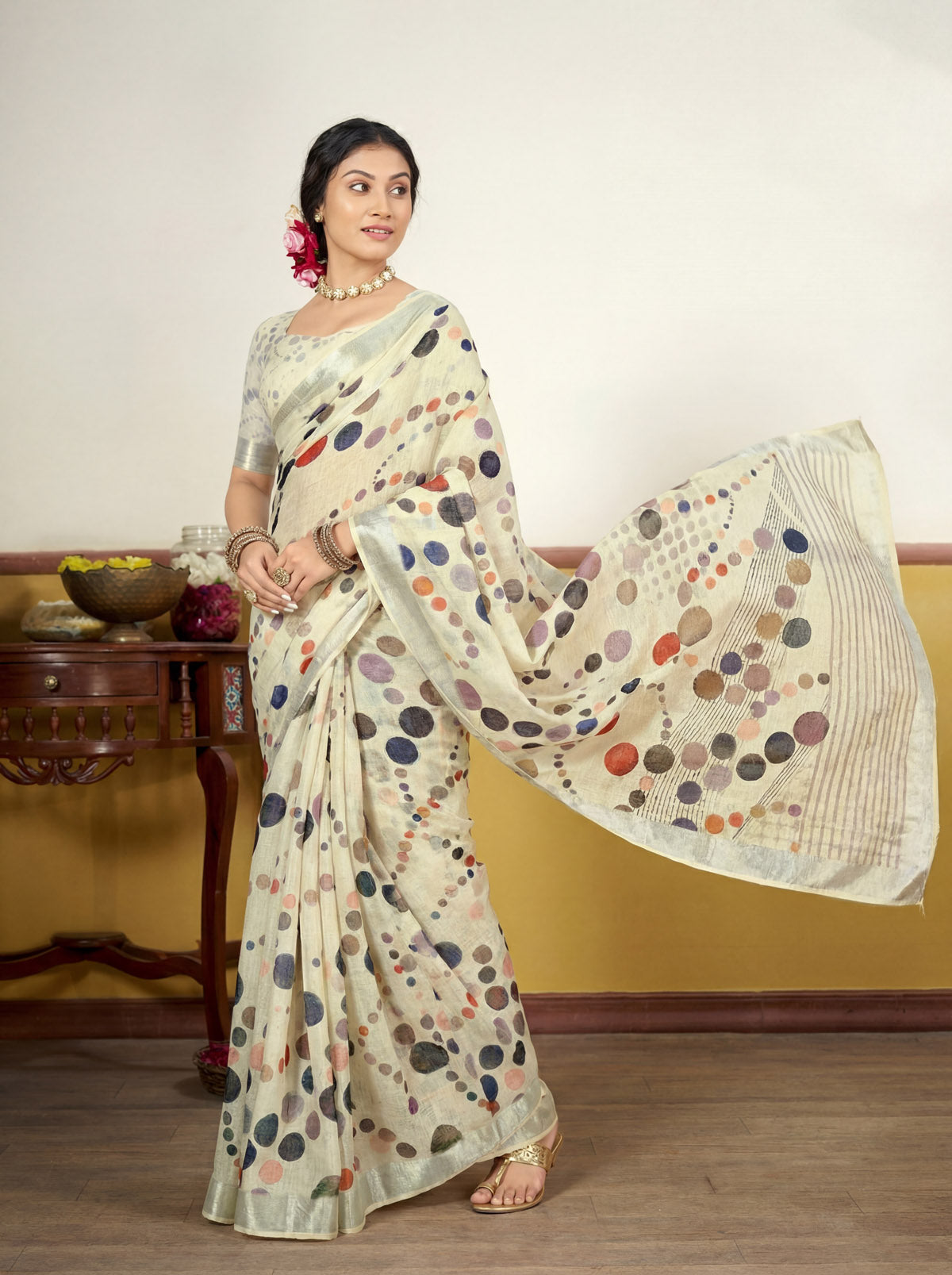Rachna - Light Yellow Linen Digital Print Saree with Woven Border