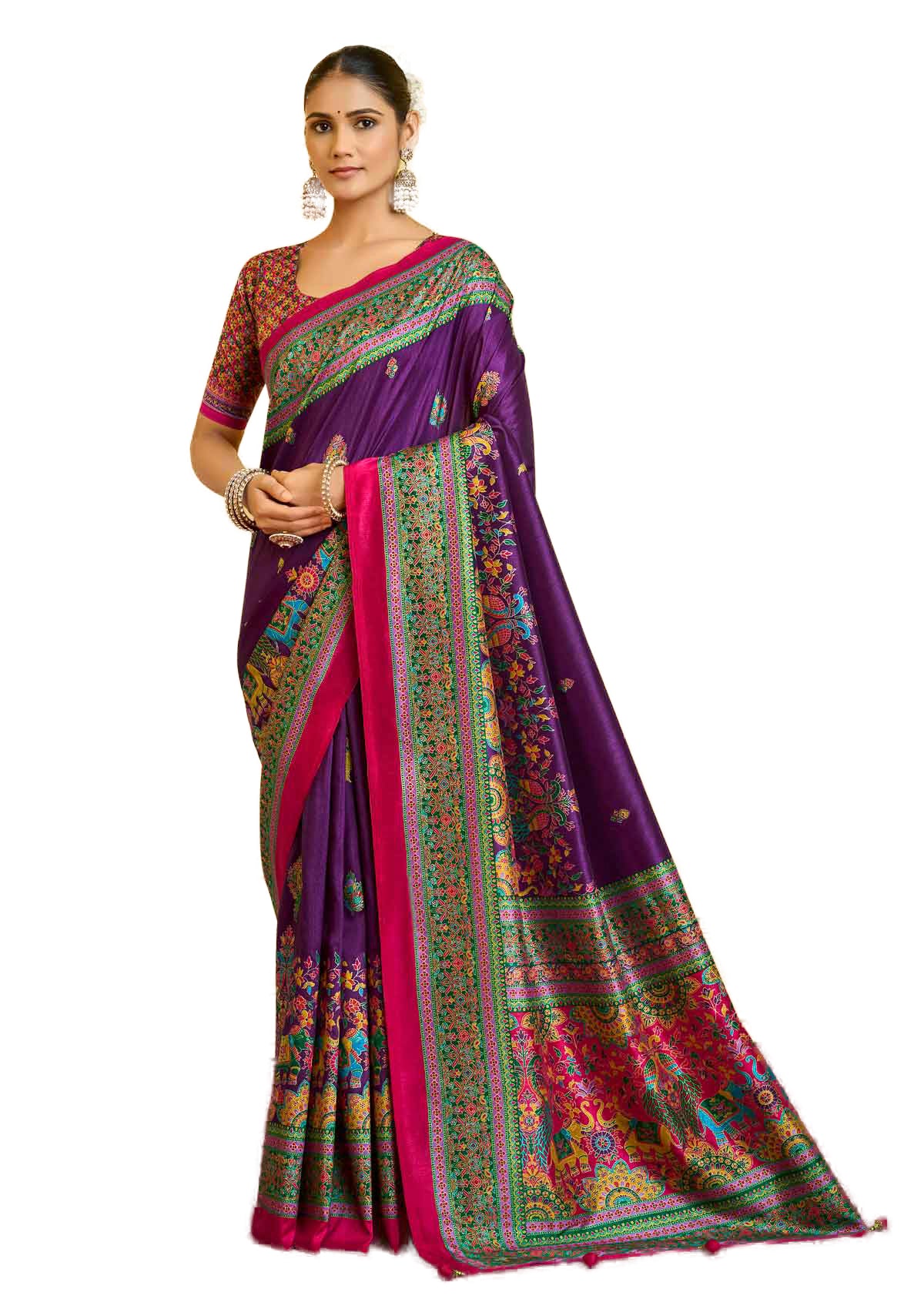 Kumuda - Purple Silk Printed Saree with Delicate Foil Work