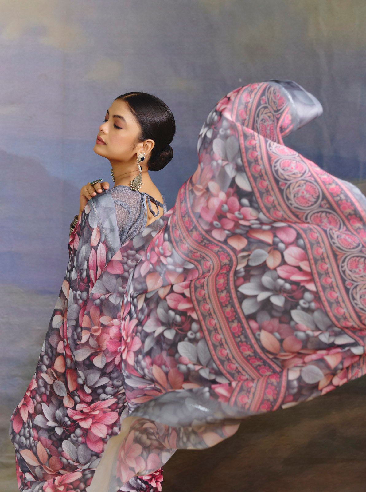 Samriddhi - Grey Moss Georgette Digital Print Saree with Satin Patta Border